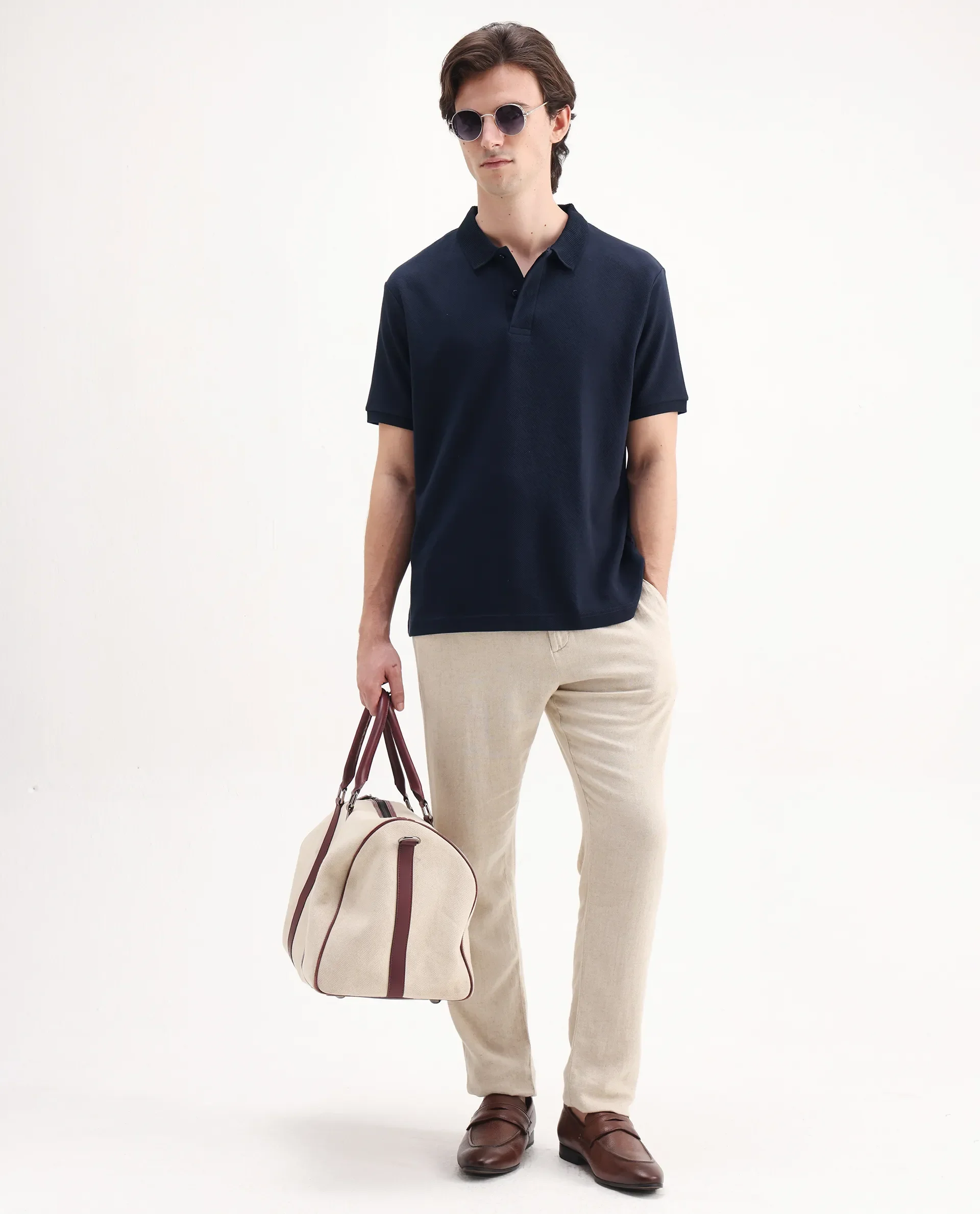 Rare Rabbit Men's Spec Navy Twill Plain Oversized Fit Half Sleeve Polo - Image 2