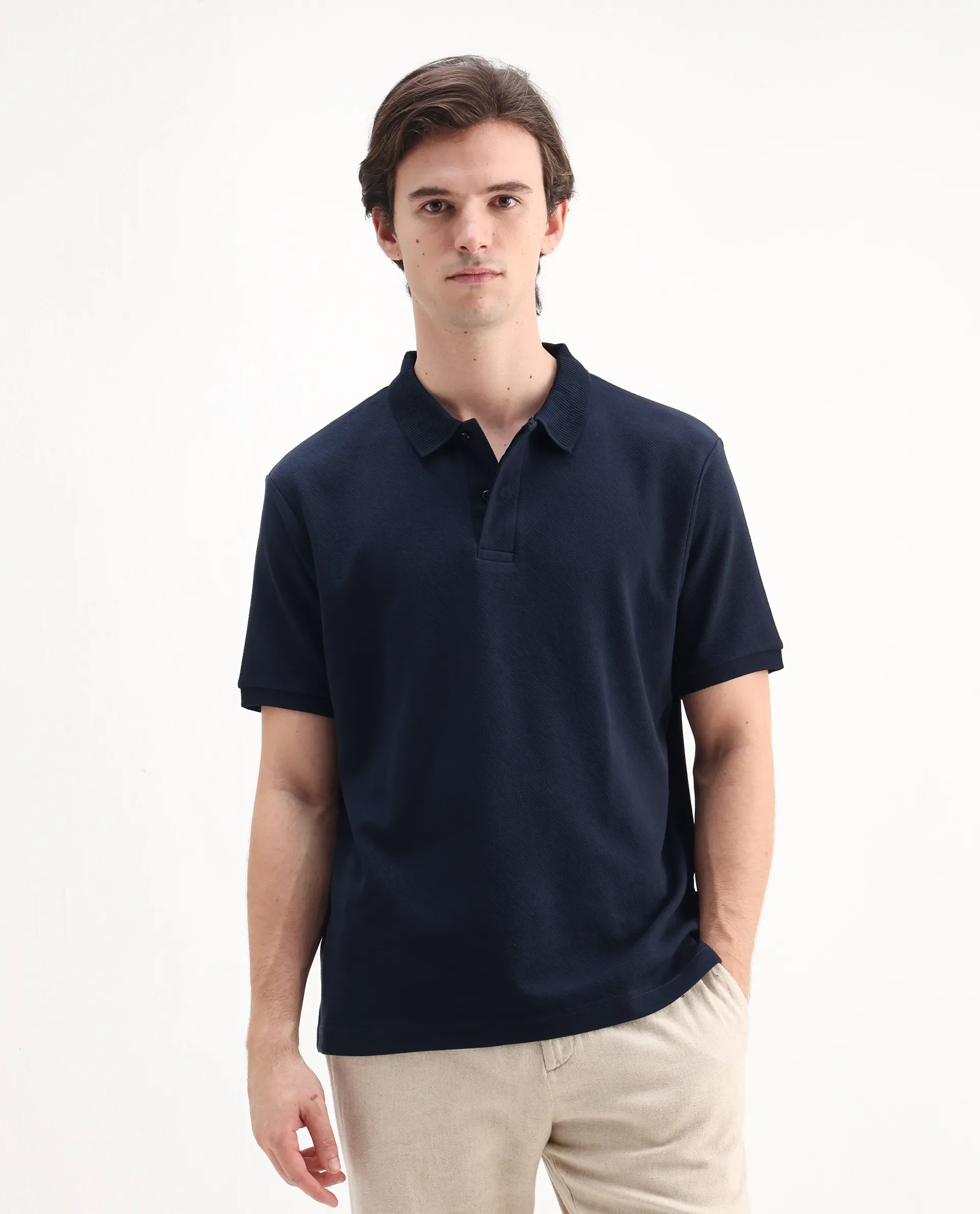 Rare Rabbit Men's Spec Navy Twill Plain Oversized Fit Half Sleeve Polo - Image 4