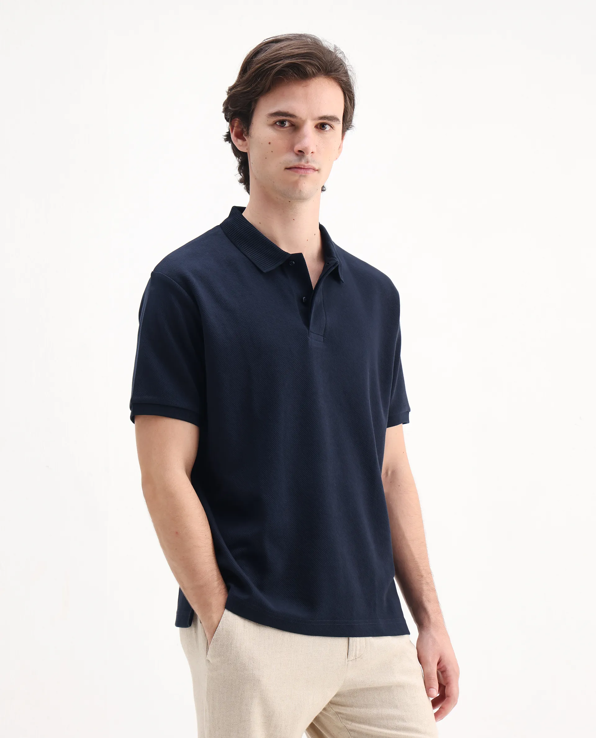 Rare Rabbit Men's Spec Navy Twill Plain Oversized Fit Half Sleeve Polo - Image 5