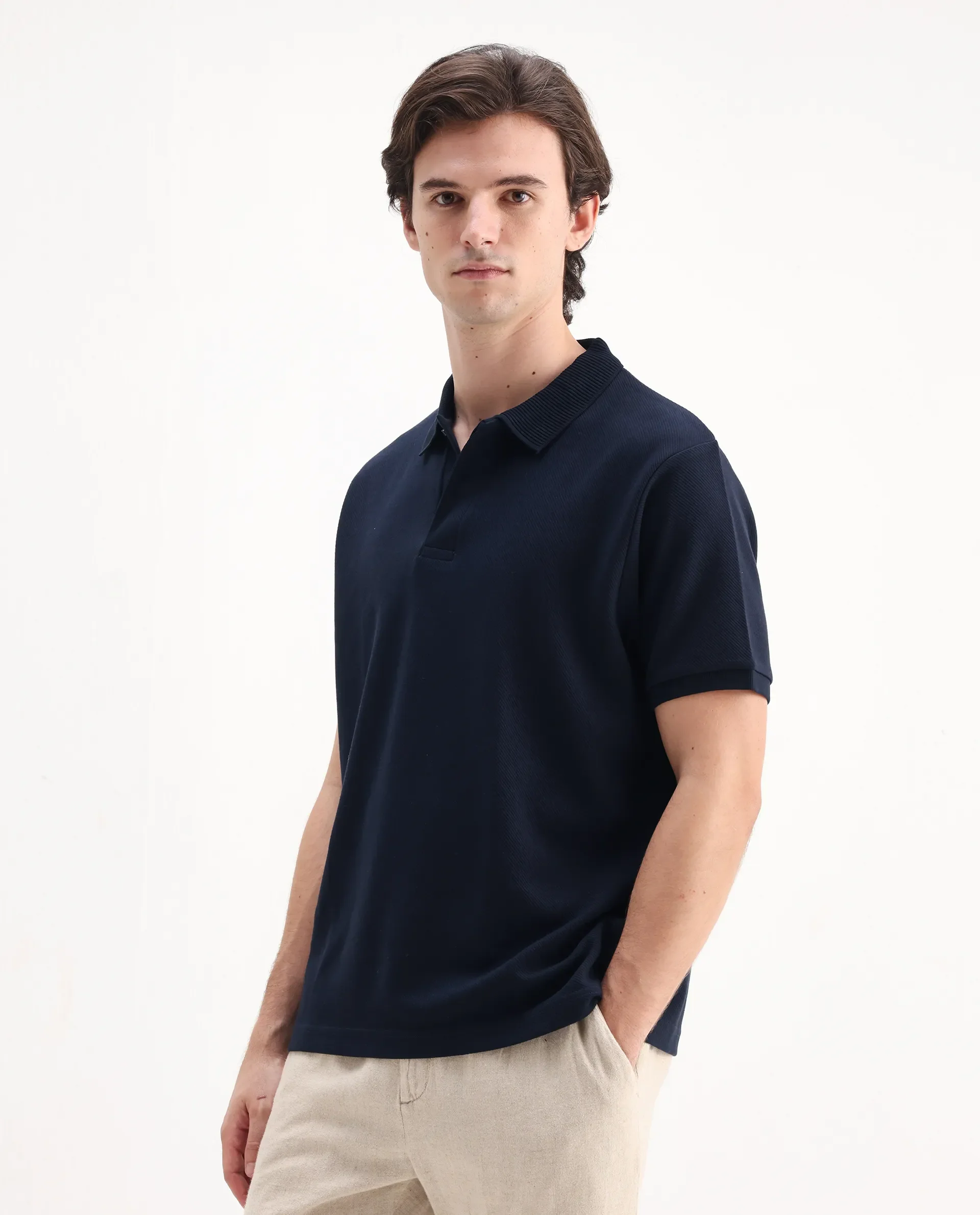 Rare Rabbit Men's Spec Navy Twill Plain Oversized Fit Half Sleeve Polo - Image 6