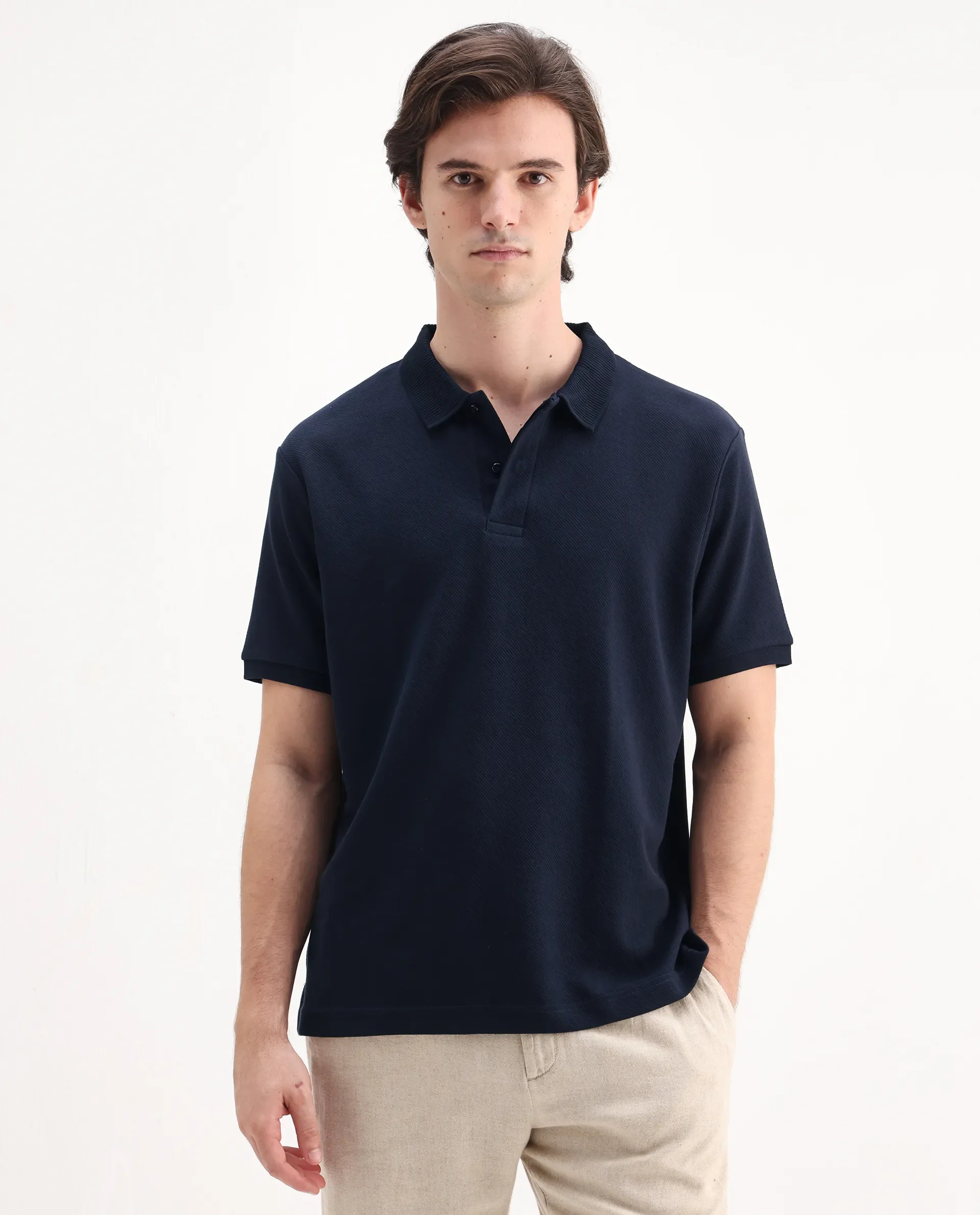 Rare Rabbit Men's Spec Navy Twill Plain Oversized Fit Half Sleeve Polo - Image 7