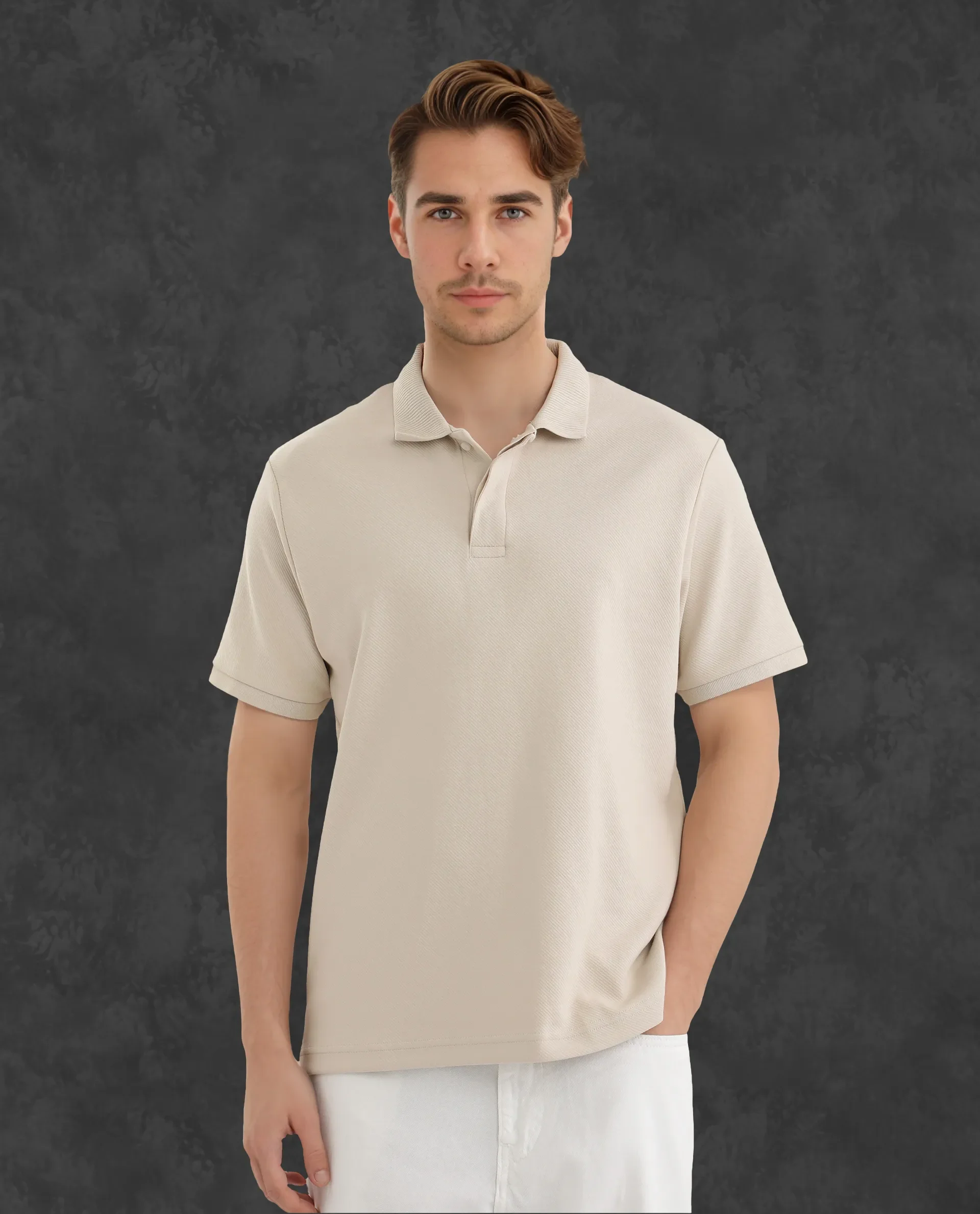 Rare Rabbit Men's Spec Off White Twill Plain Oversized Fit Half Sleeve Polo