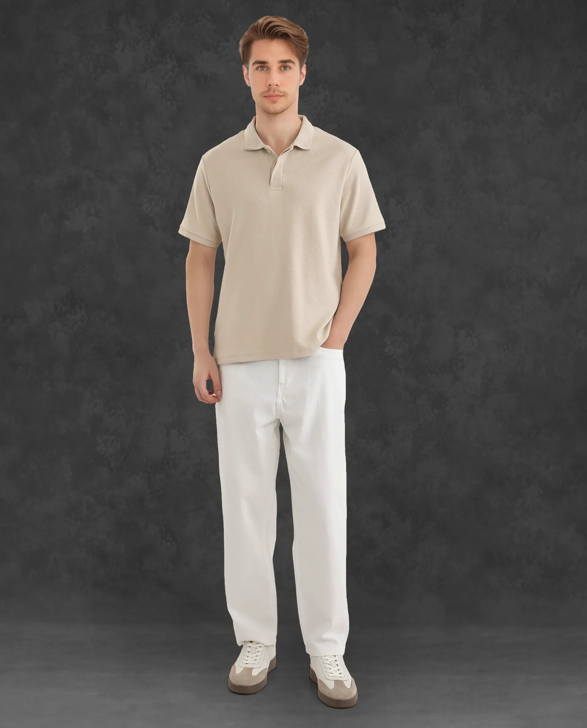 Rare Rabbit Men's Spec Off White Twill Plain Oversized Fit Half Sleeve Polo - Image 3