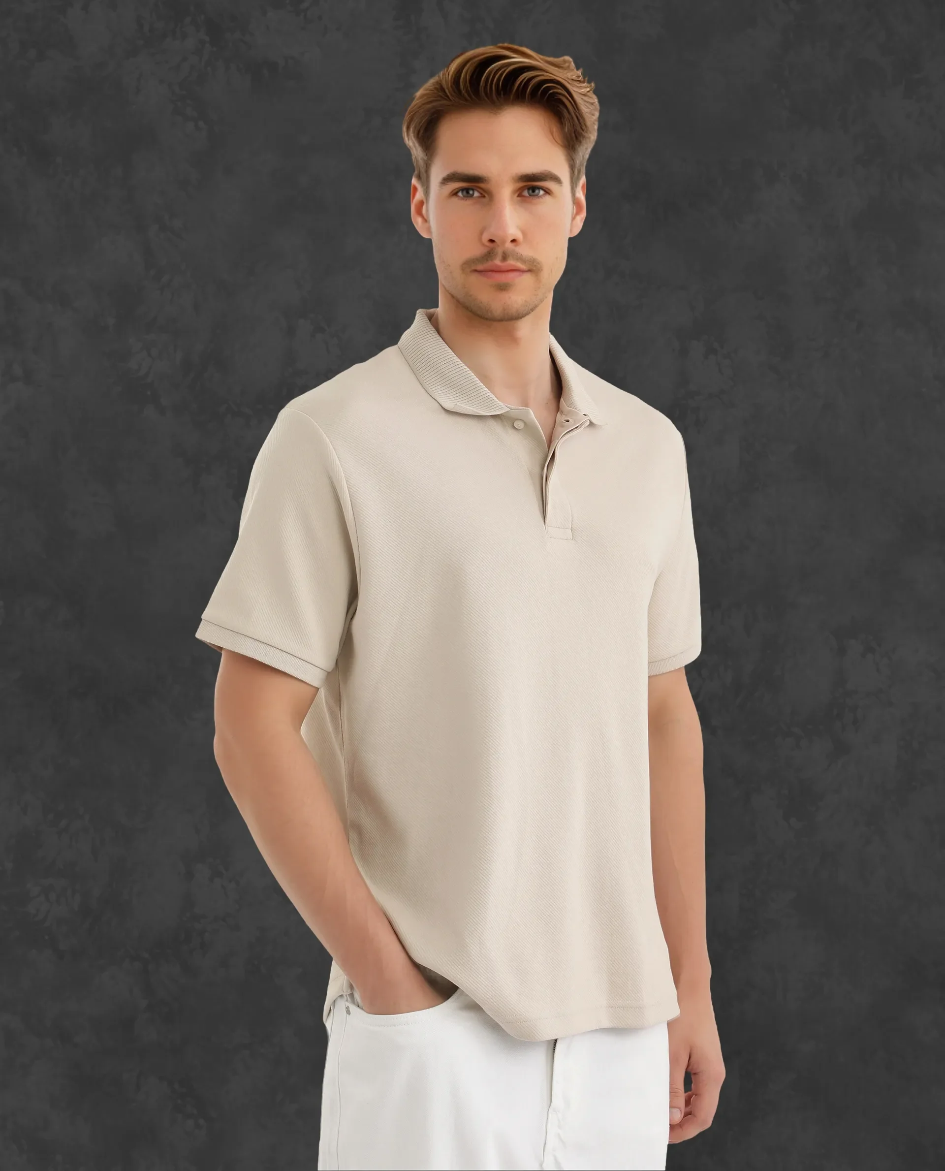 Rare Rabbit Men's Spec Off White Twill Plain Oversized Fit Half Sleeve Polo - Image 7