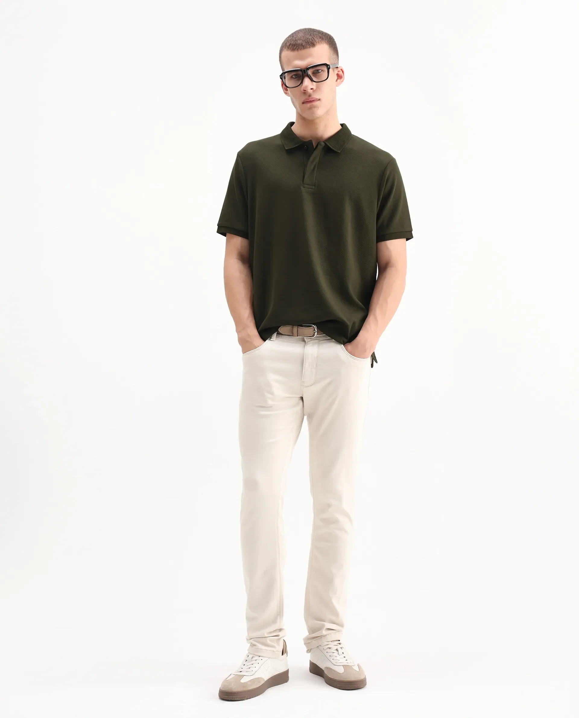 Rare Rabbit Men's Spec Olive Twill Plain Oversized Fit Half Sleeve Polo - Image 2