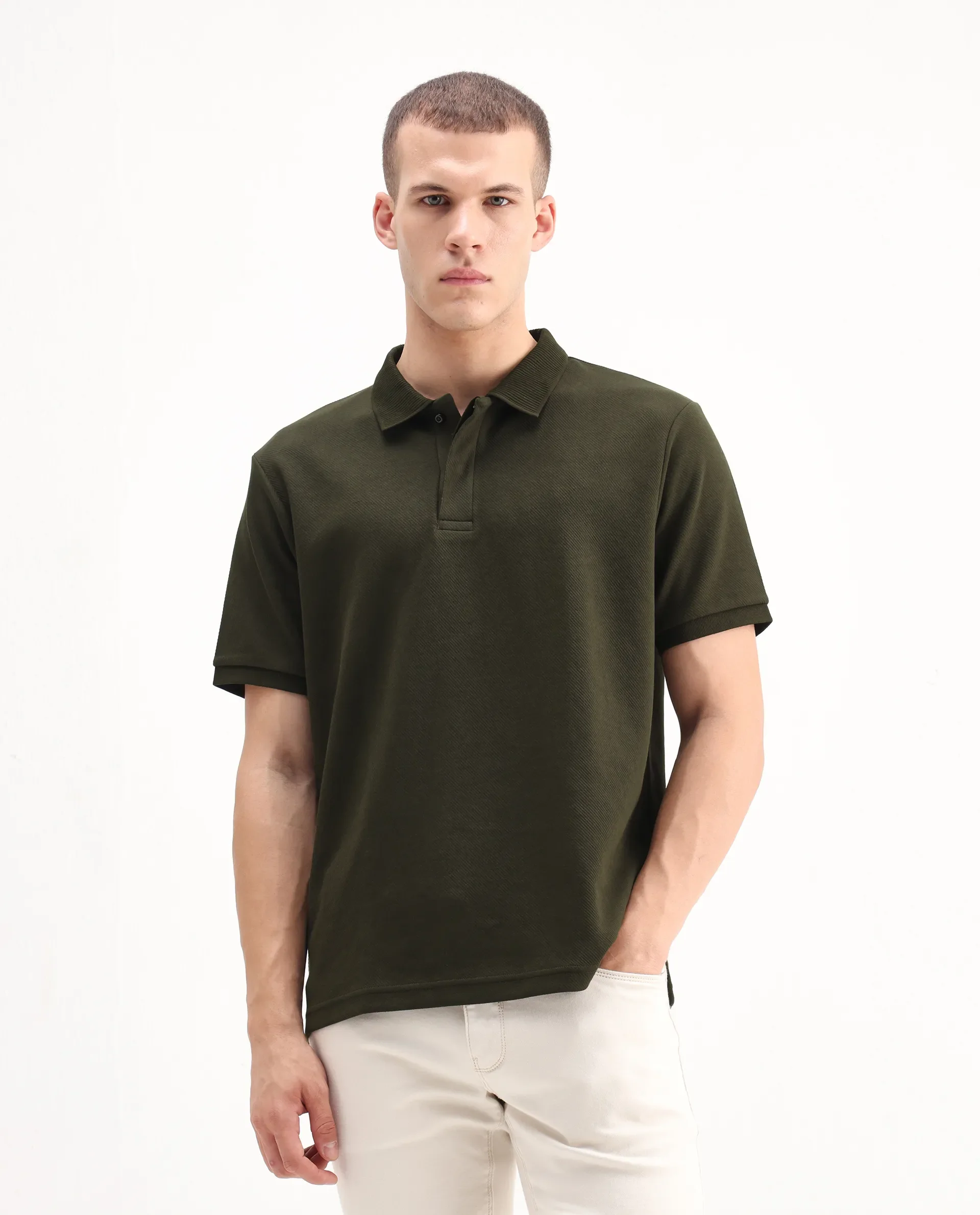 Rare Rabbit Men's Spec Olive Twill Plain Oversized Fit Half Sleeve Polo - Image 3