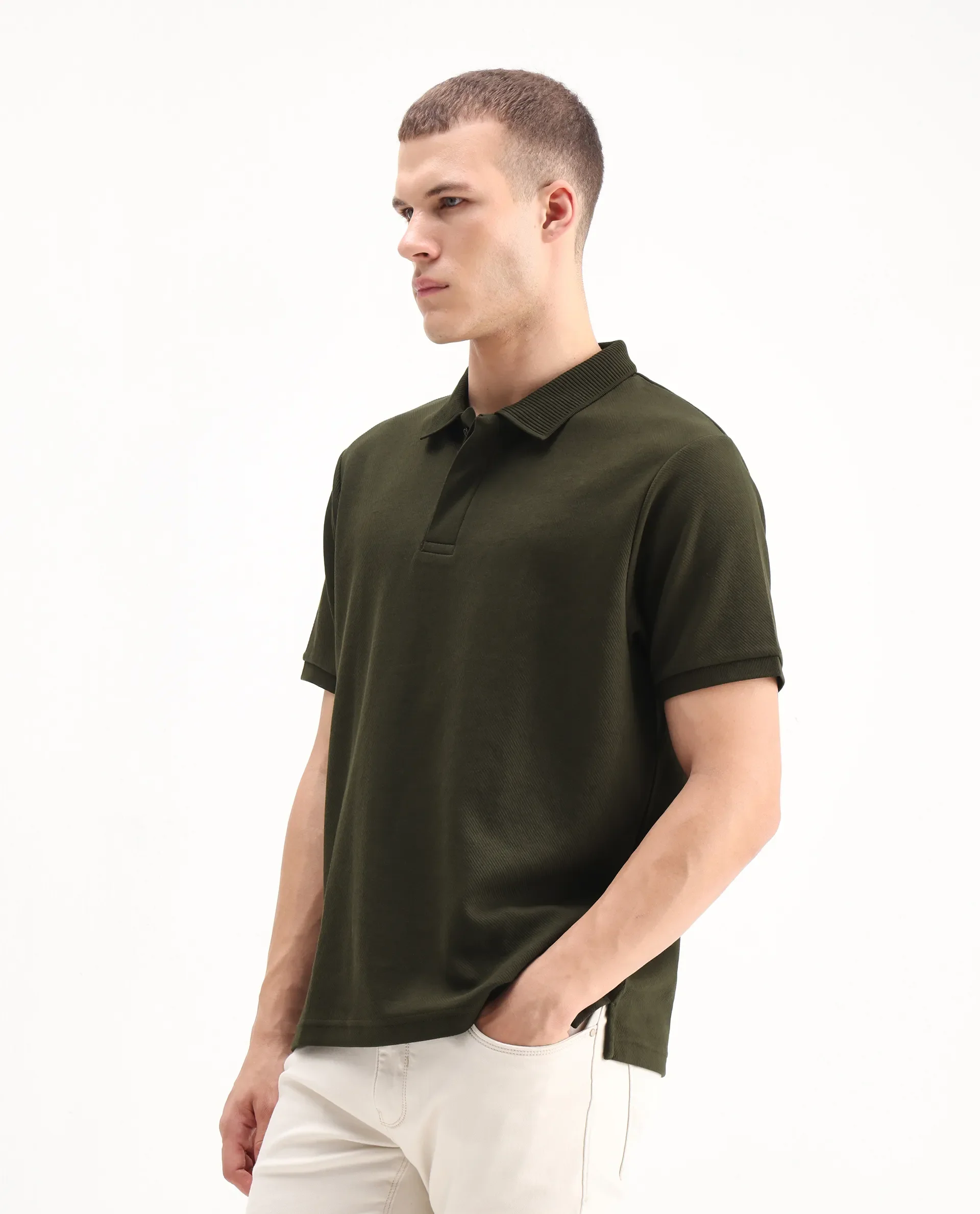 Rare Rabbit Men's Spec Olive Twill Plain Oversized Fit Half Sleeve Polo - Image 5