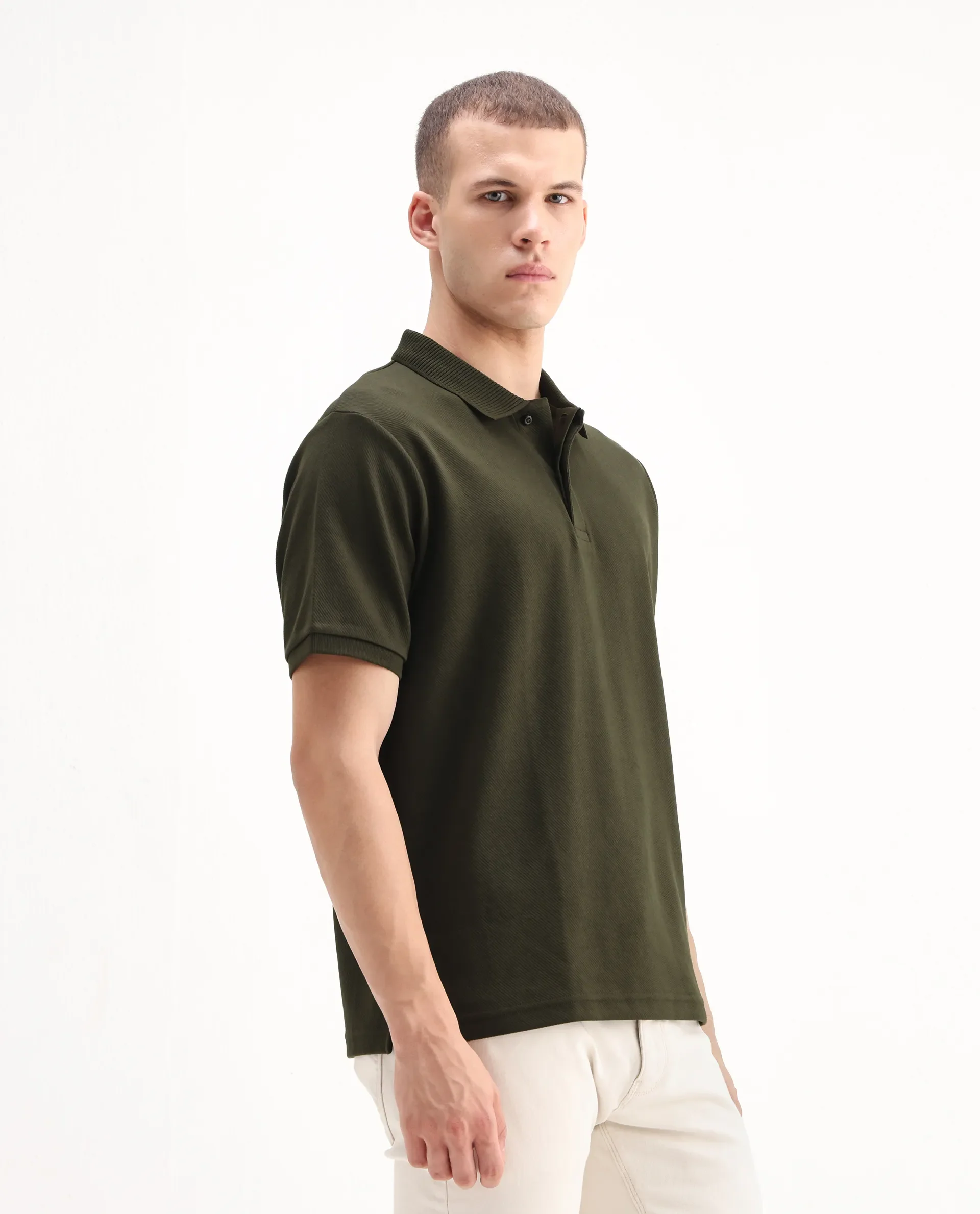 Rare Rabbit Men's Spec Olive Twill Plain Oversized Fit Half Sleeve Polo - Image 6