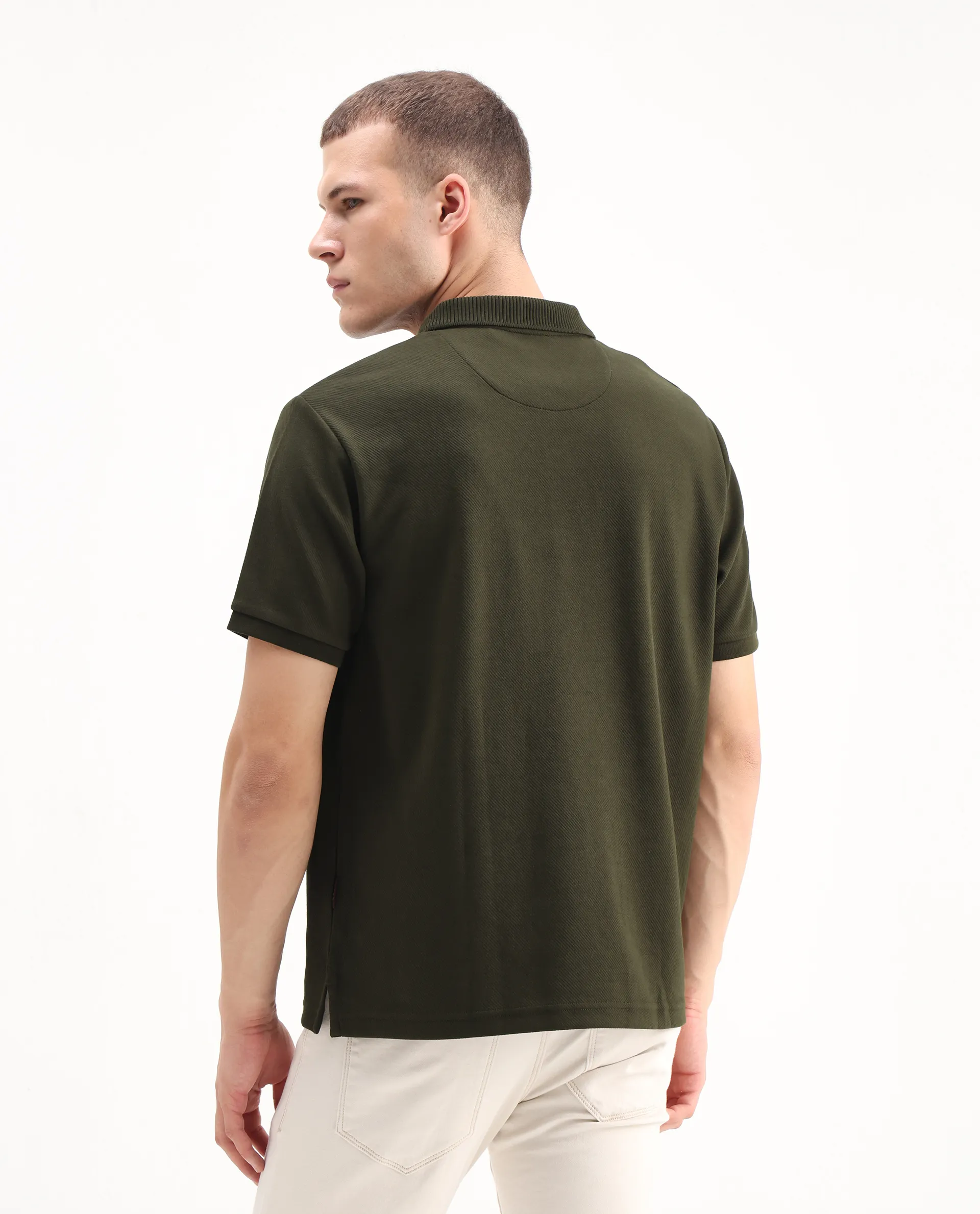 Rare Rabbit Men's Spec Olive Twill Plain Oversized Fit Half Sleeve Polo - Image 7