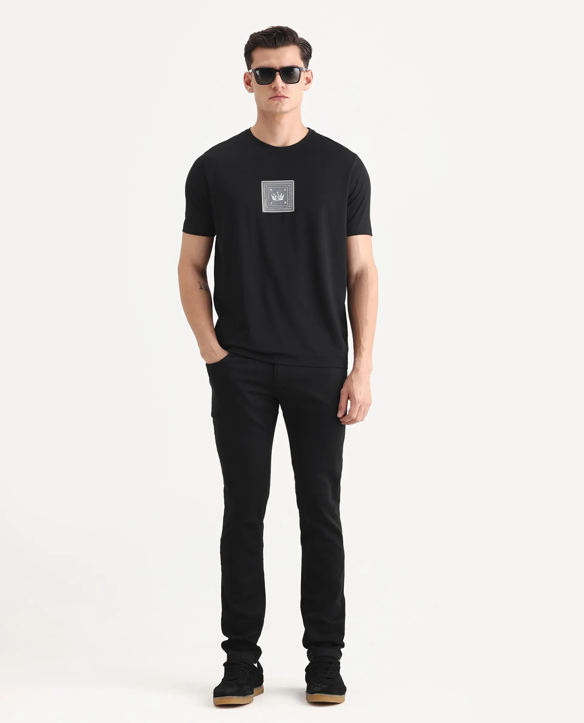 Rare Rabbit Men's Spectre Black Cotton Blend Graphic Print Regular Fit Half Sleeve Crew Neck T-Shirt - Image 2
