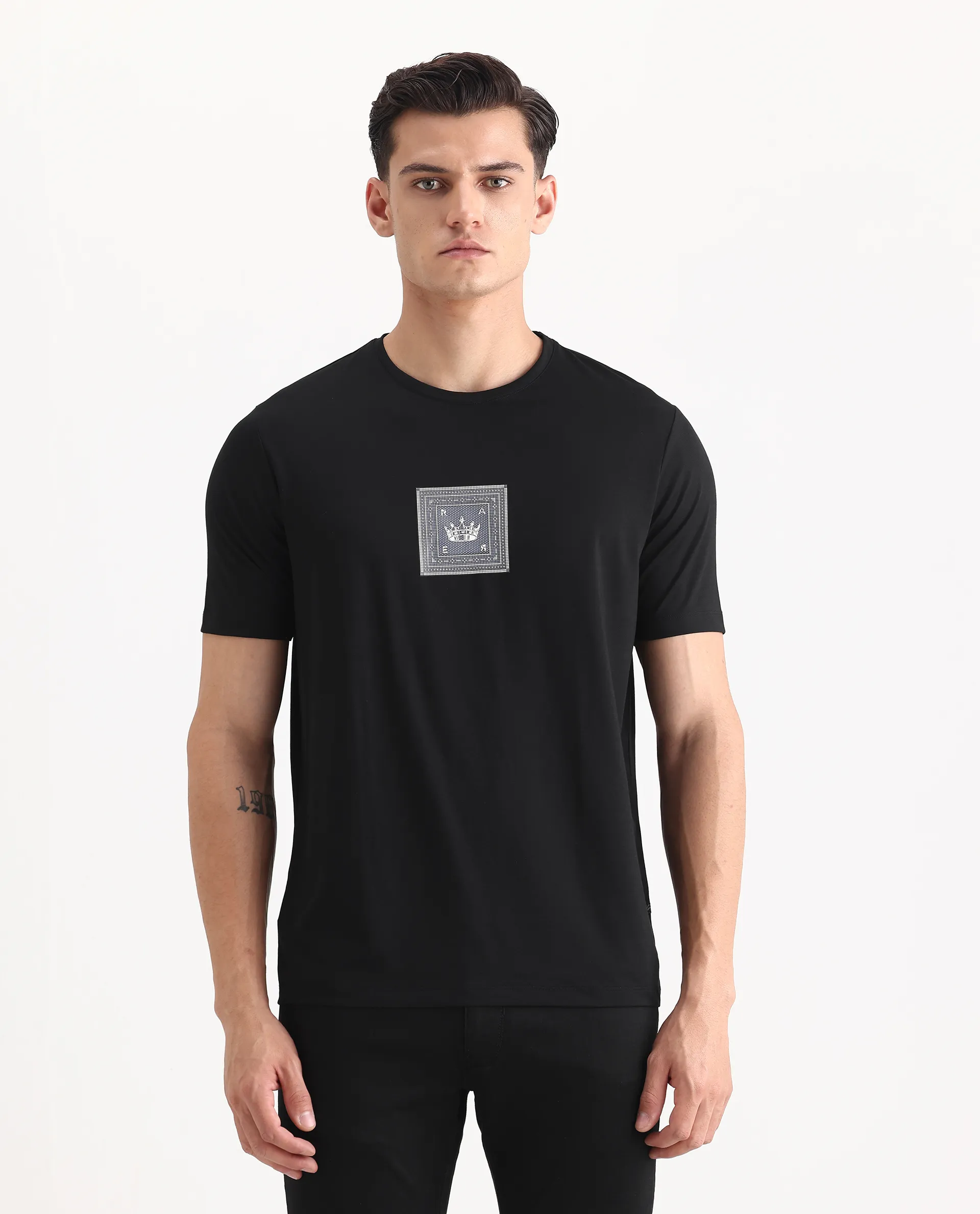 Rare Rabbit Men's Spectre Black Cotton Blend Graphic Print Regular Fit Half Sleeve Crew Neck T-Shirt - Image 4