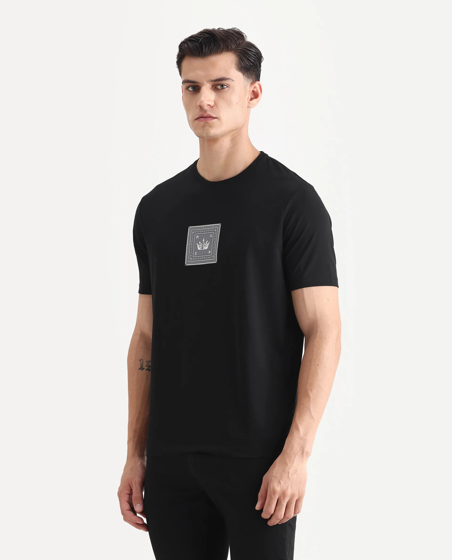 Rare Rabbit Men's Spectre Black Cotton Blend Graphic Print Regular Fit Half Sleeve Crew Neck T-Shirt - Image 5