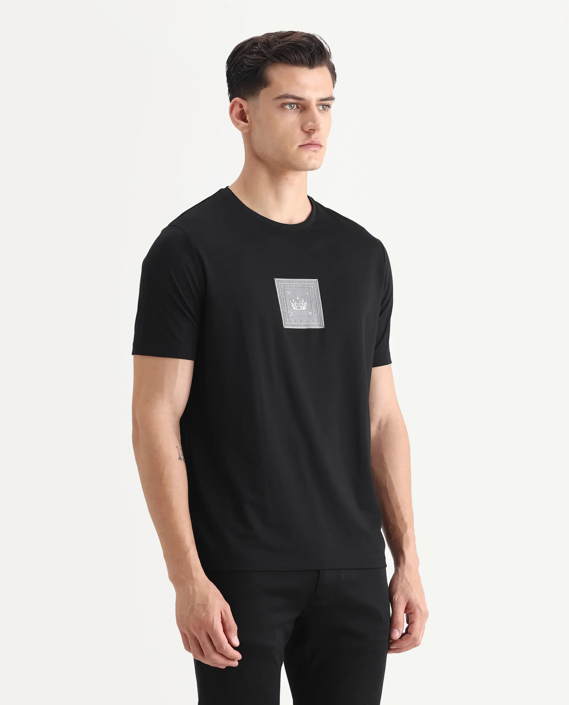 Rare Rabbit Men's Spectre Black Cotton Blend Graphic Print Regular Fit Half Sleeve Crew Neck T-Shirt - Image 6