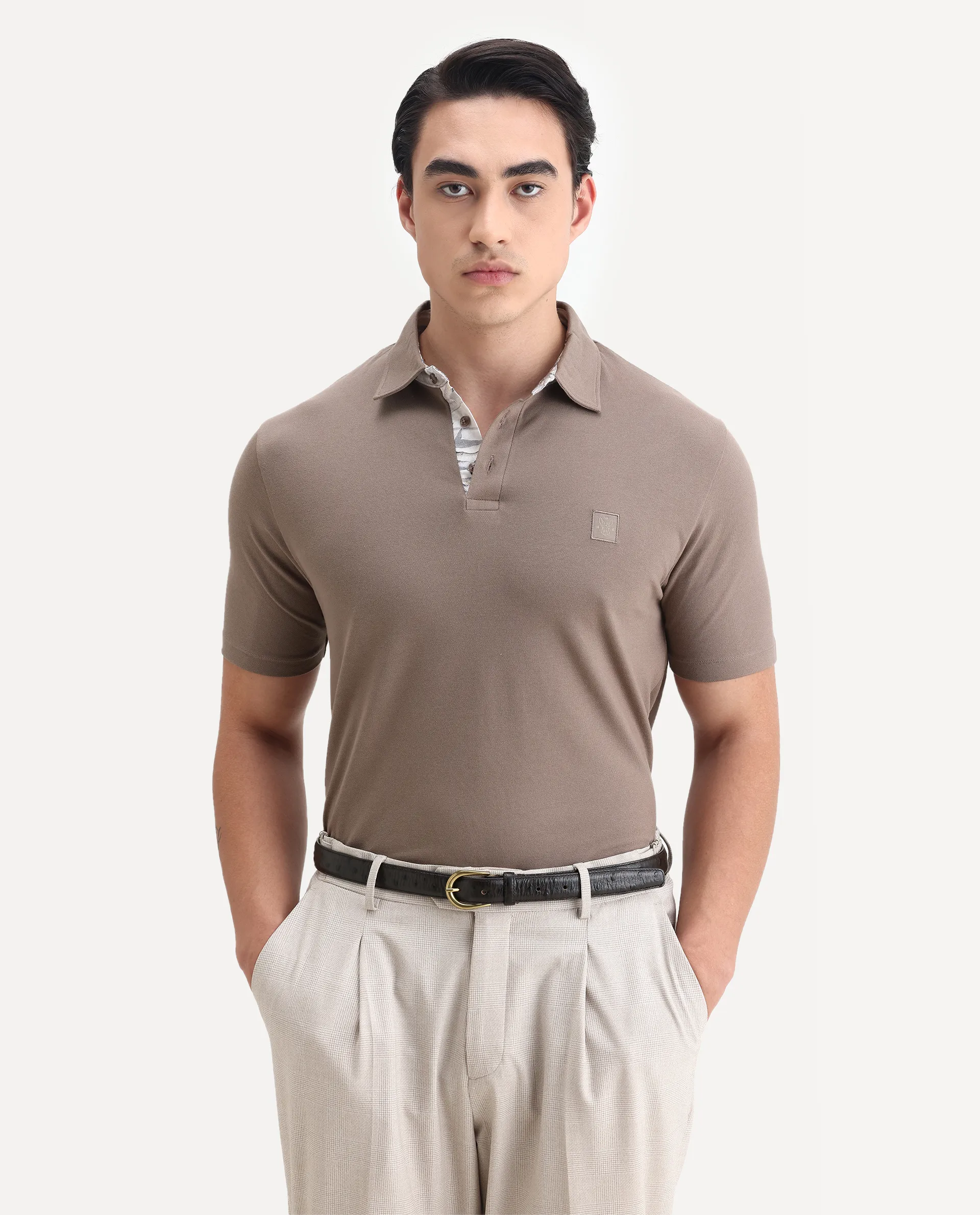 Rare Rabbit Men's Spencer Beige Cotton Plain Regular Fit Half Sleeve Polo