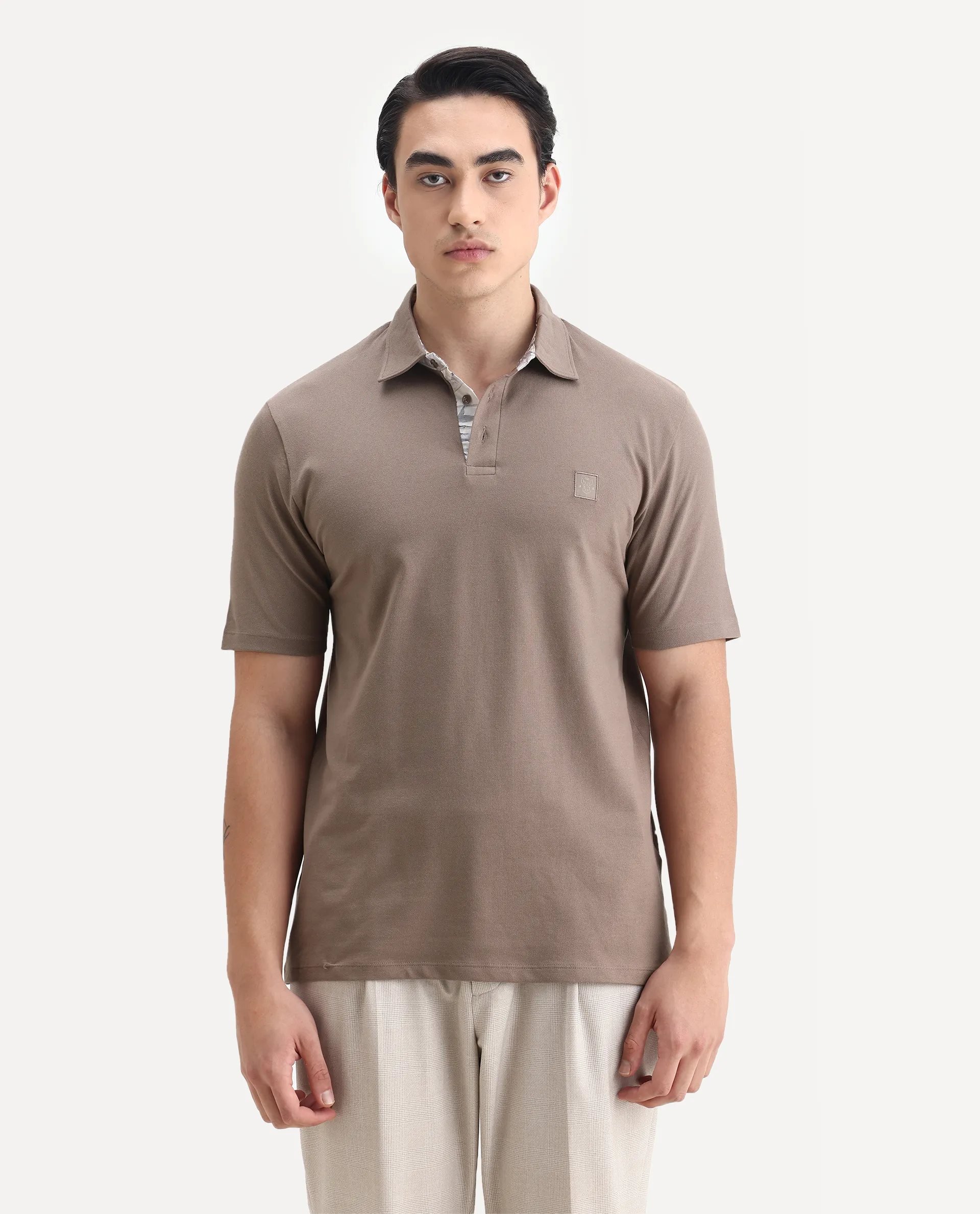 Rare Rabbit Men's Spencer Beige Cotton Plain Regular Fit Half Sleeve Polo - Image 4