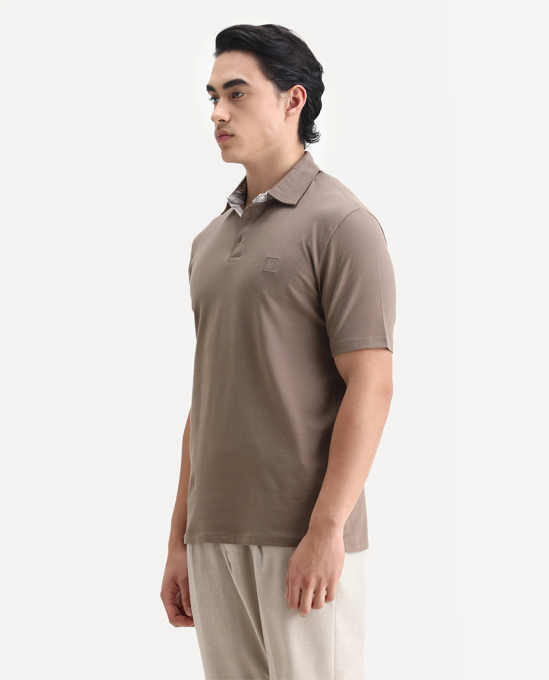 Rare Rabbit Men's Spencer Beige Cotton Plain Regular Fit Half Sleeve Polo - Image 5