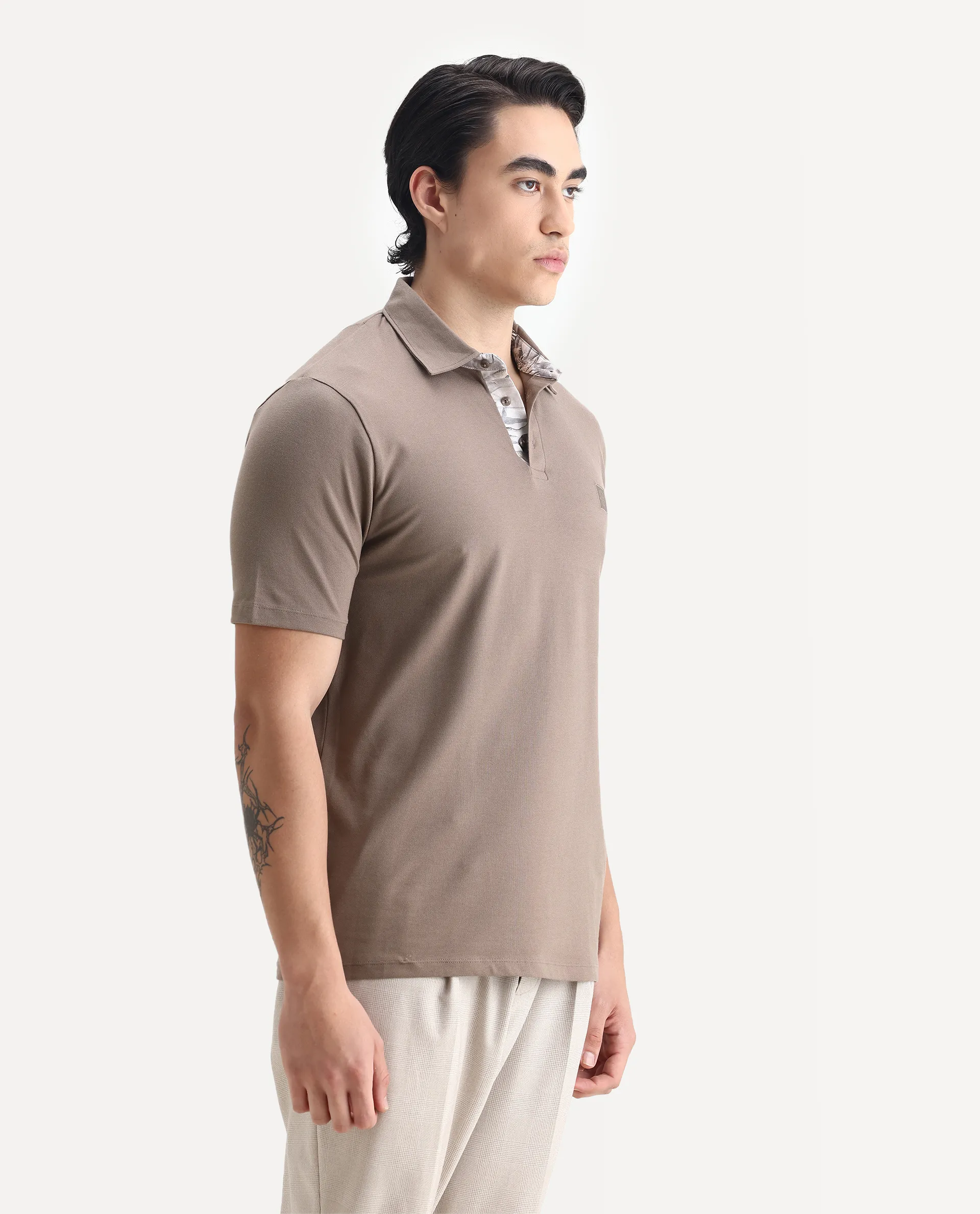 Rare Rabbit Men's Spencer Beige Cotton Plain Regular Fit Half Sleeve Polo - Image 6