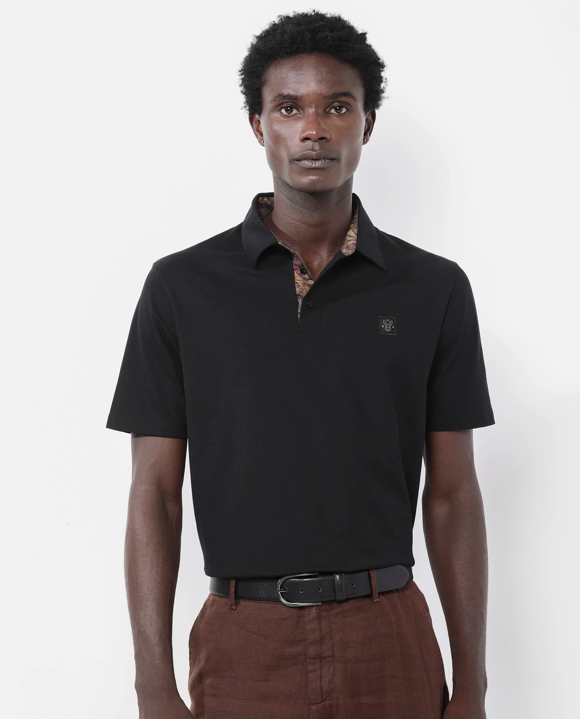 Rare Rabbit Men's Spencer Black Cotton Plain Regular Fit Half Sleeve Polo - Image 3