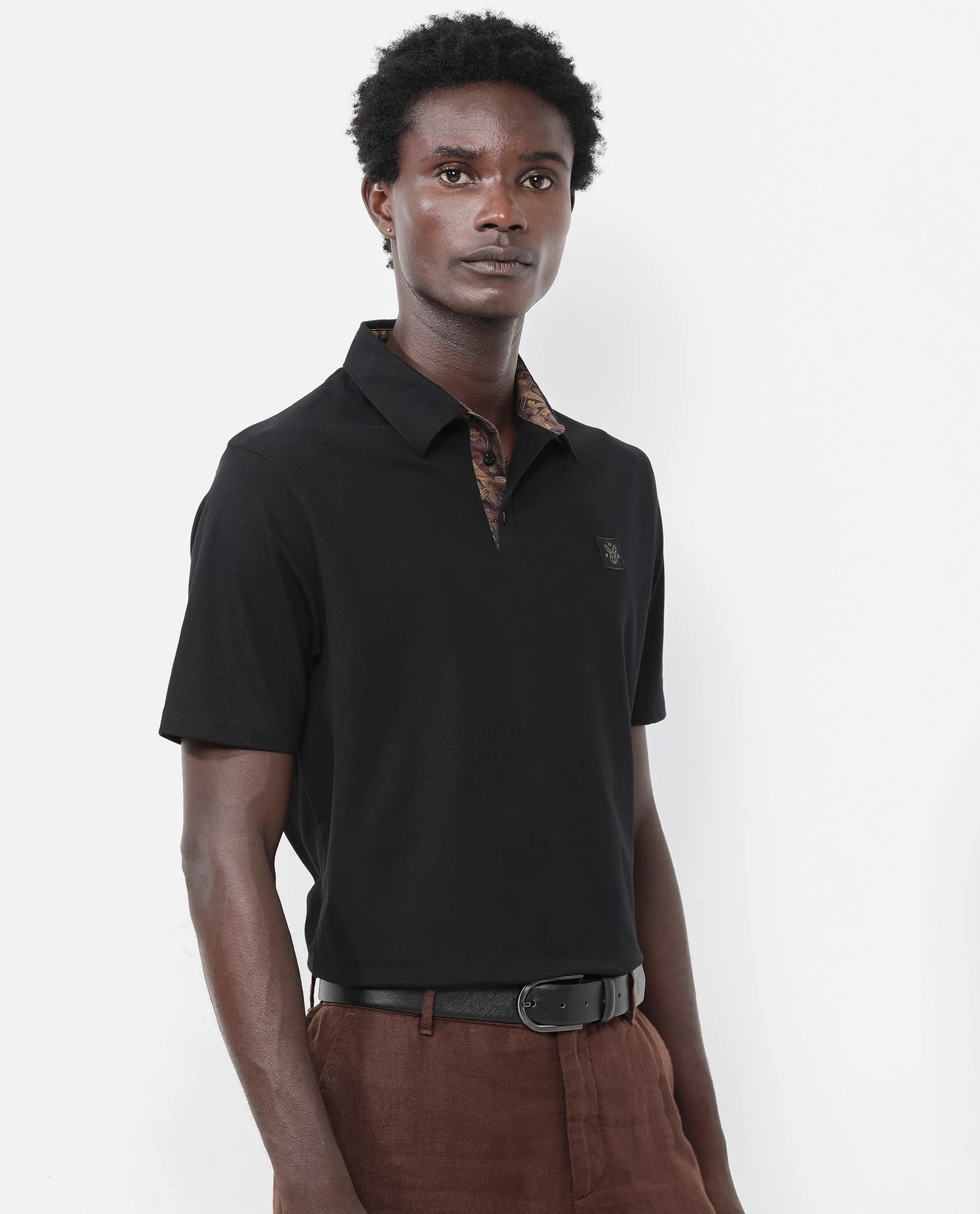 Rare Rabbit Men's Spencer Black Cotton Plain Regular Fit Half Sleeve Polo - Image 6