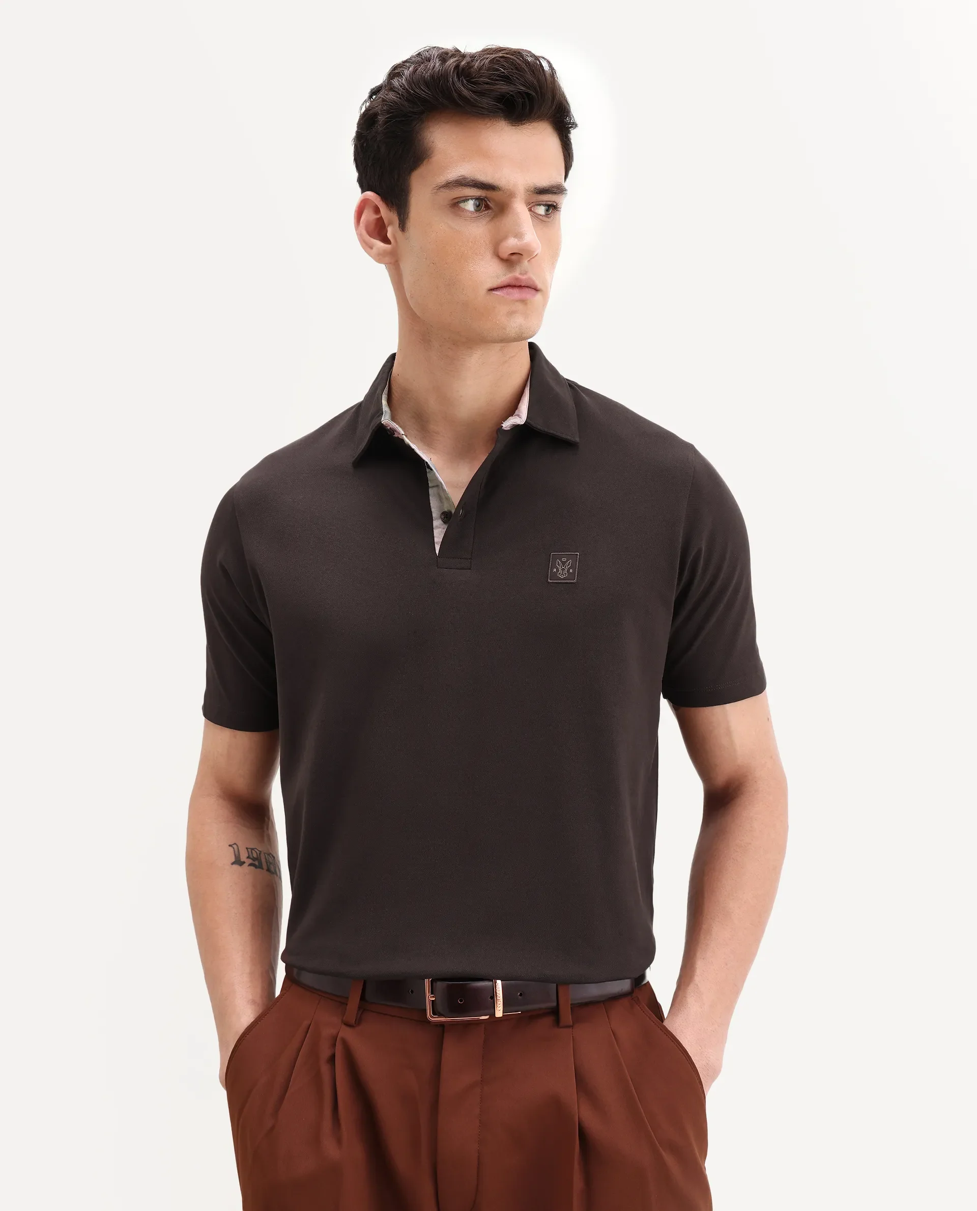 Rare Rabbit Men's Spencer Dark Brown Cotton Plain Regular Fit Half Sleeve Polo