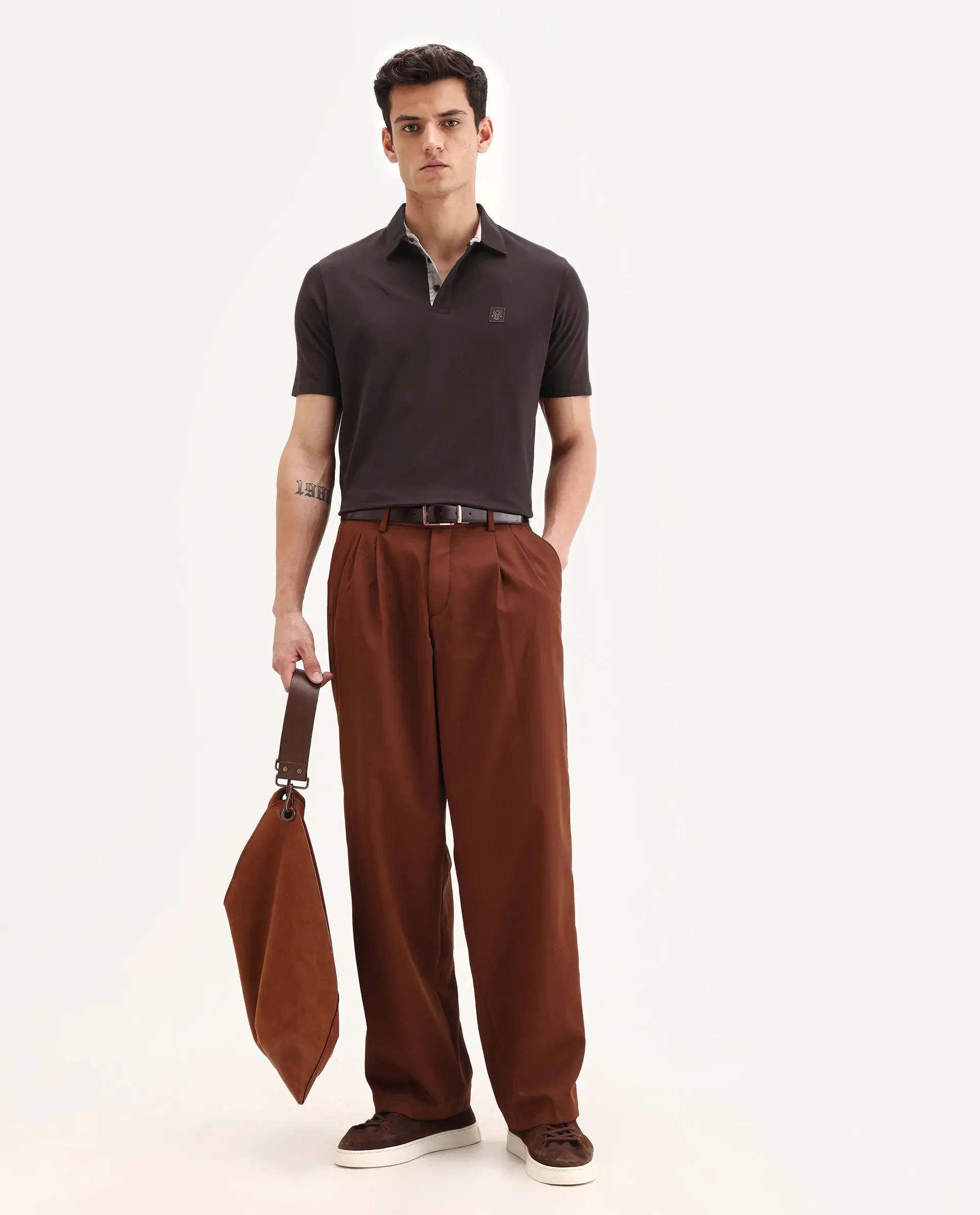 Rare Rabbit Men's Spencer Dark Brown Cotton Plain Regular Fit Half Sleeve Polo - Image 2