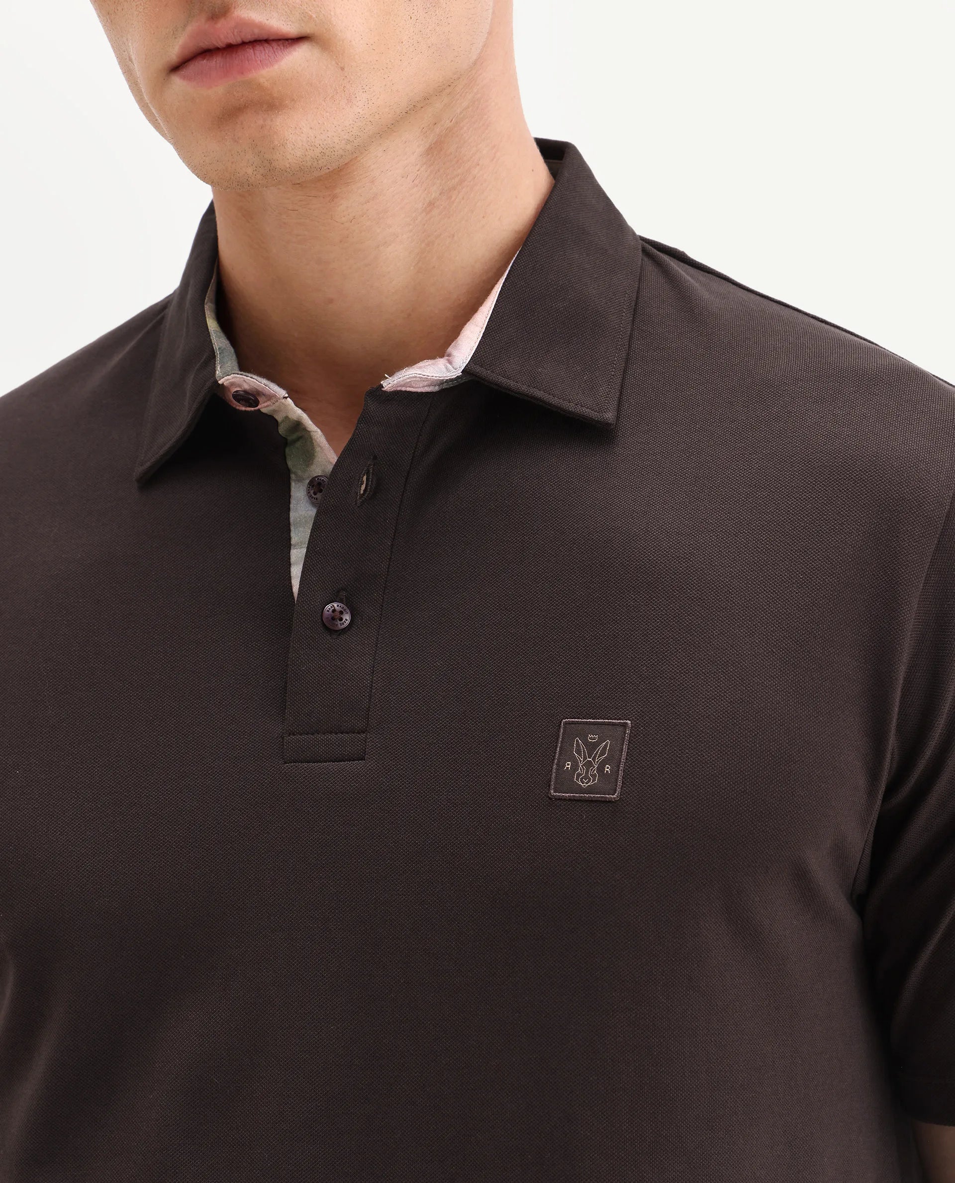 Rare Rabbit Men's Spencer Dark Brown Cotton Plain Regular Fit Half Sleeve Polo - Image 3