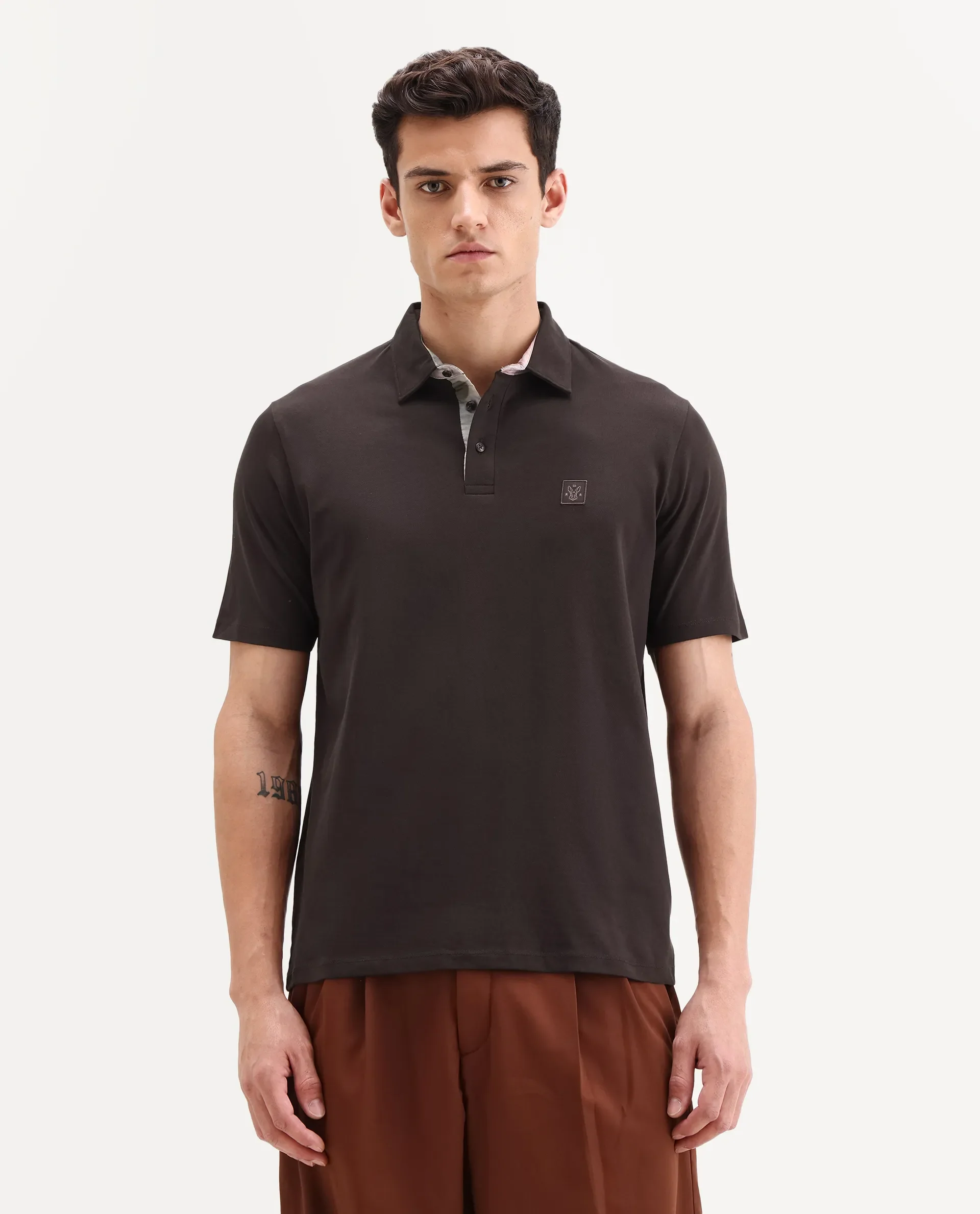 Rare Rabbit Men's Spencer Dark Brown Cotton Plain Regular Fit Half Sleeve Polo - Image 4