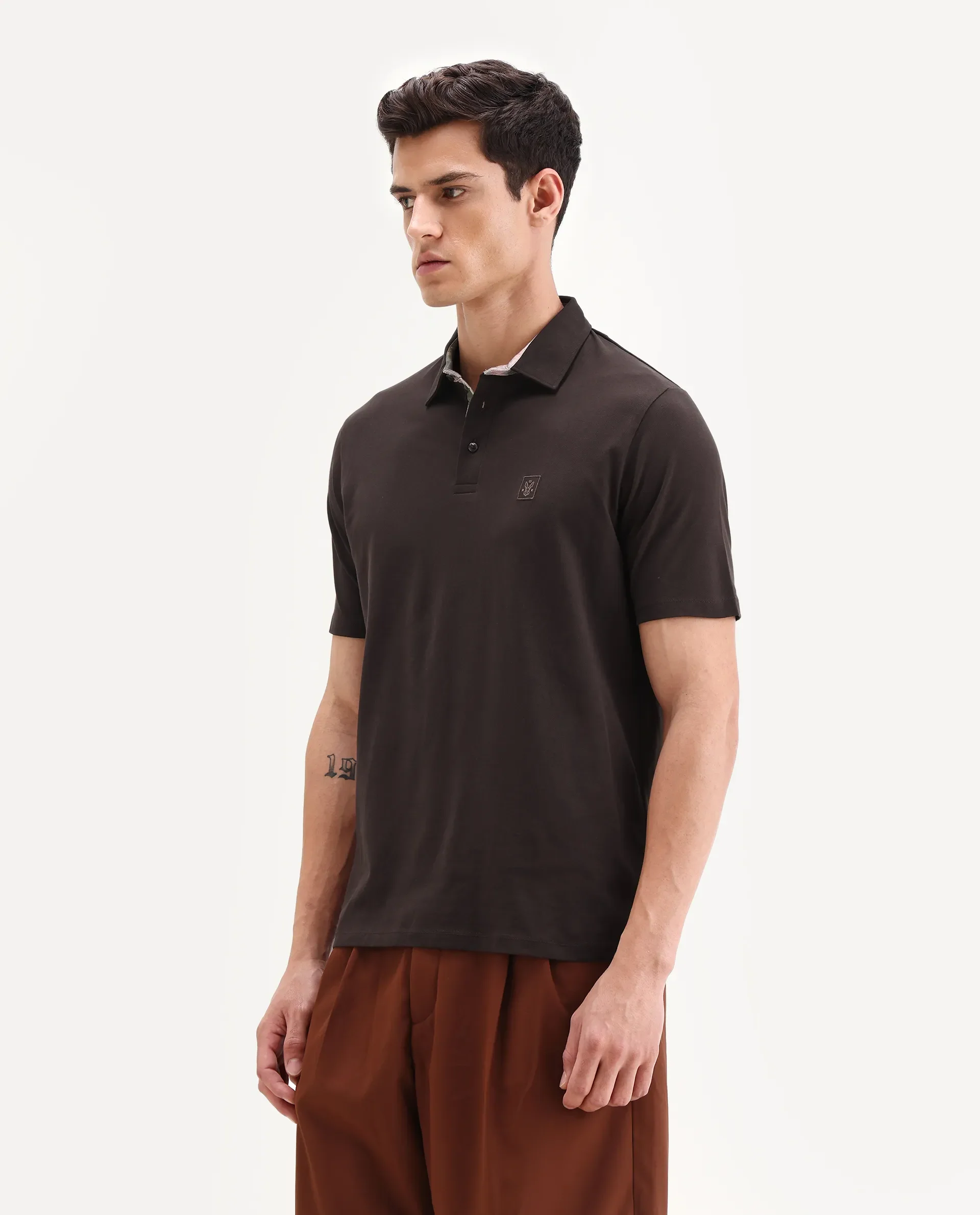 Rare Rabbit Men's Spencer Dark Brown Cotton Plain Regular Fit Half Sleeve Polo - Image 5