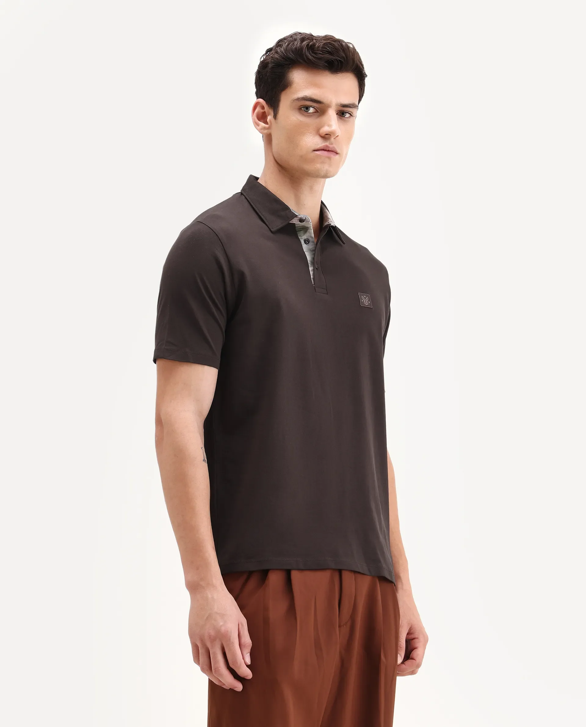 Rare Rabbit Men's Spencer Dark Brown Cotton Plain Regular Fit Half Sleeve Polo - Image 6