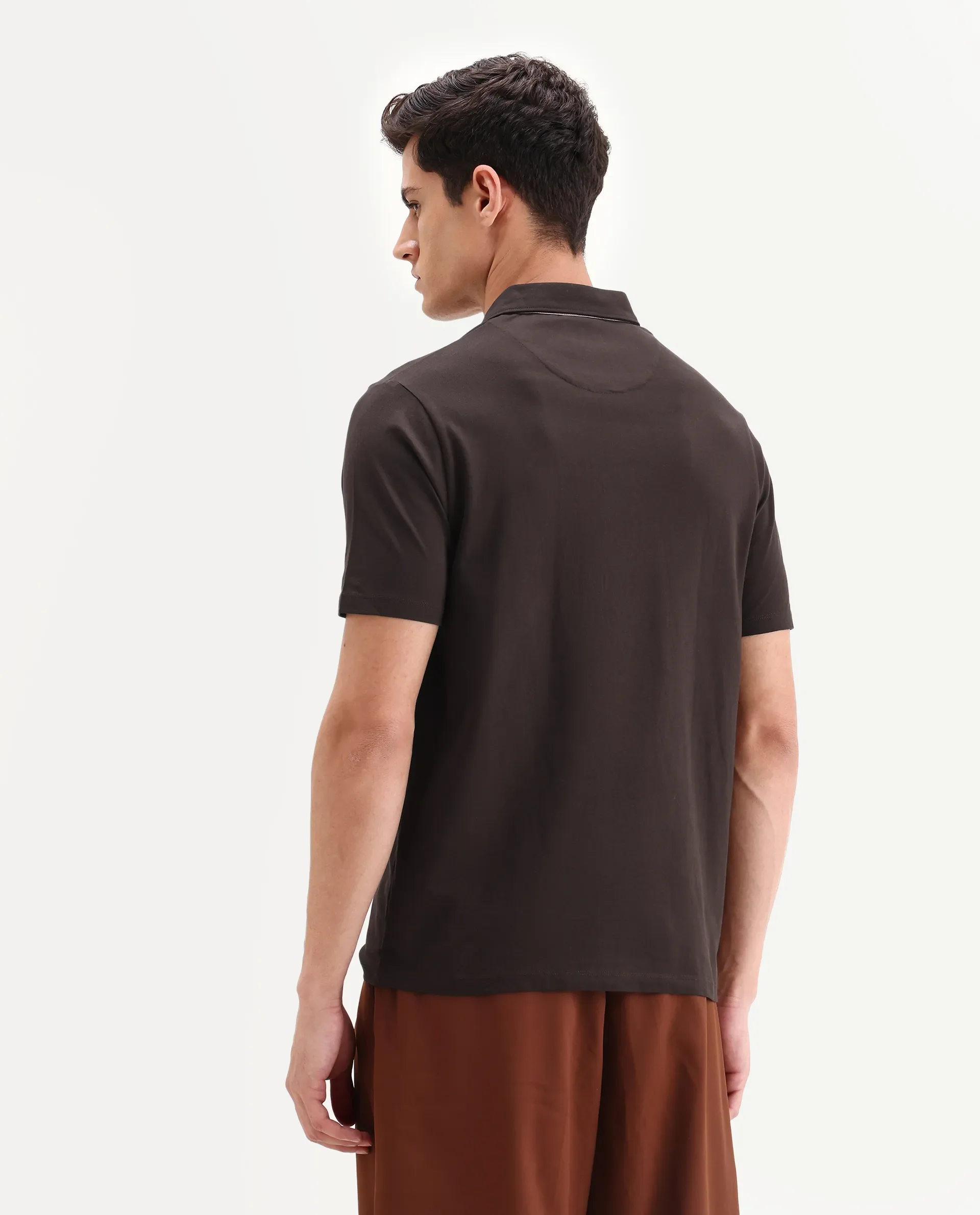 Rare Rabbit Men's Spencer Dark Brown Cotton Plain Regular Fit Half Sleeve Polo - Image 7