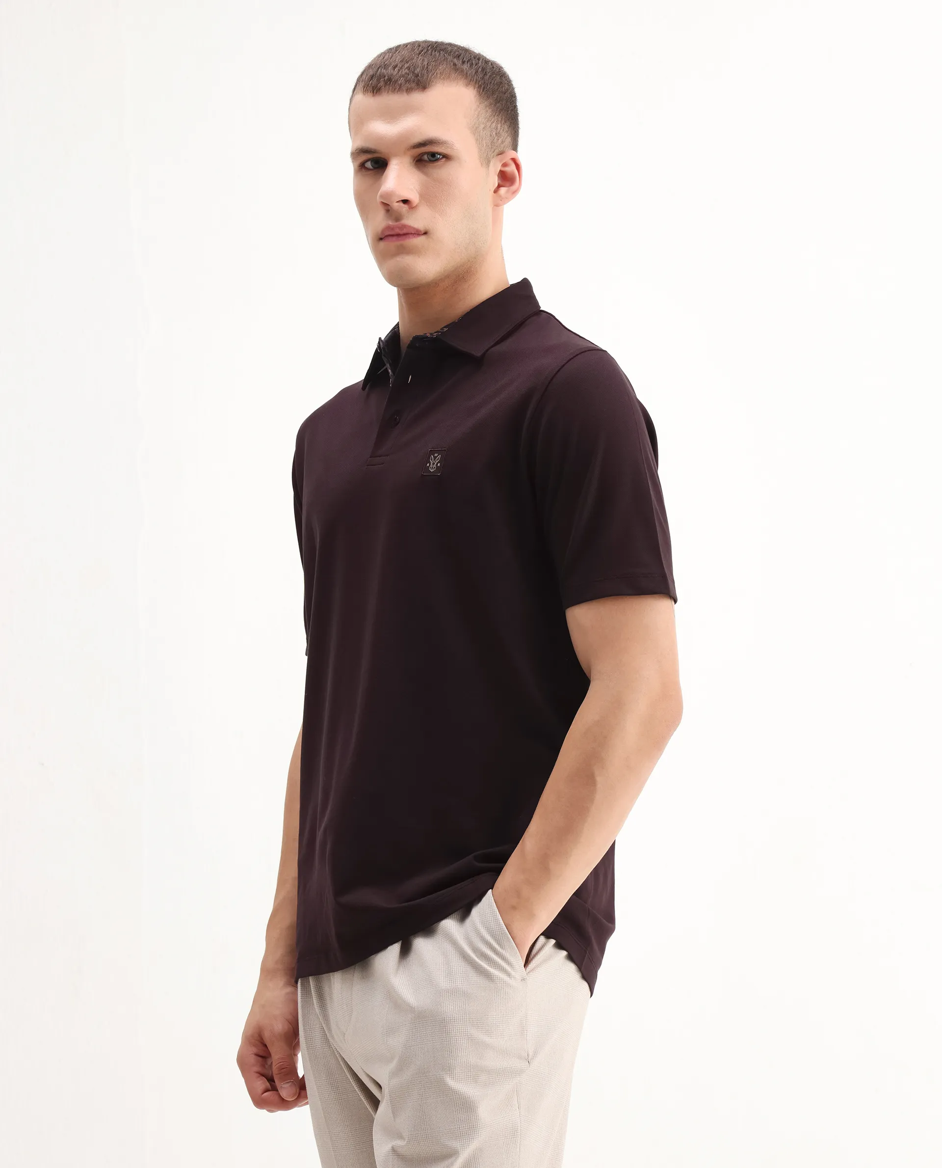 Rare Rabbit Men's Spencer Dark Maroon Cotton Plain Regular Fit Half Sleeve Polo - Image 4