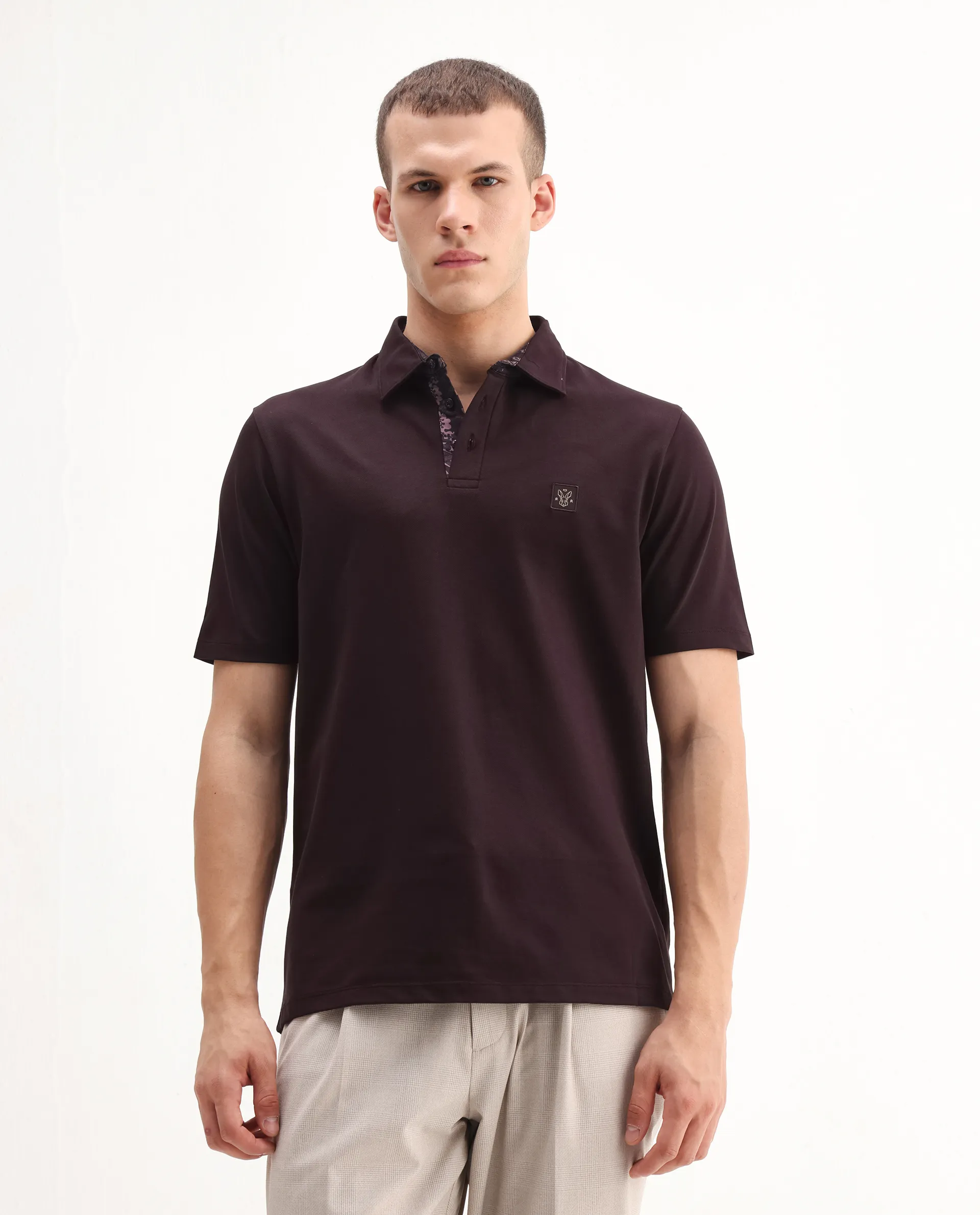 Rare Rabbit Men's Spencer Dark Maroon Cotton Plain Regular Fit Half Sleeve Polo - Image 5