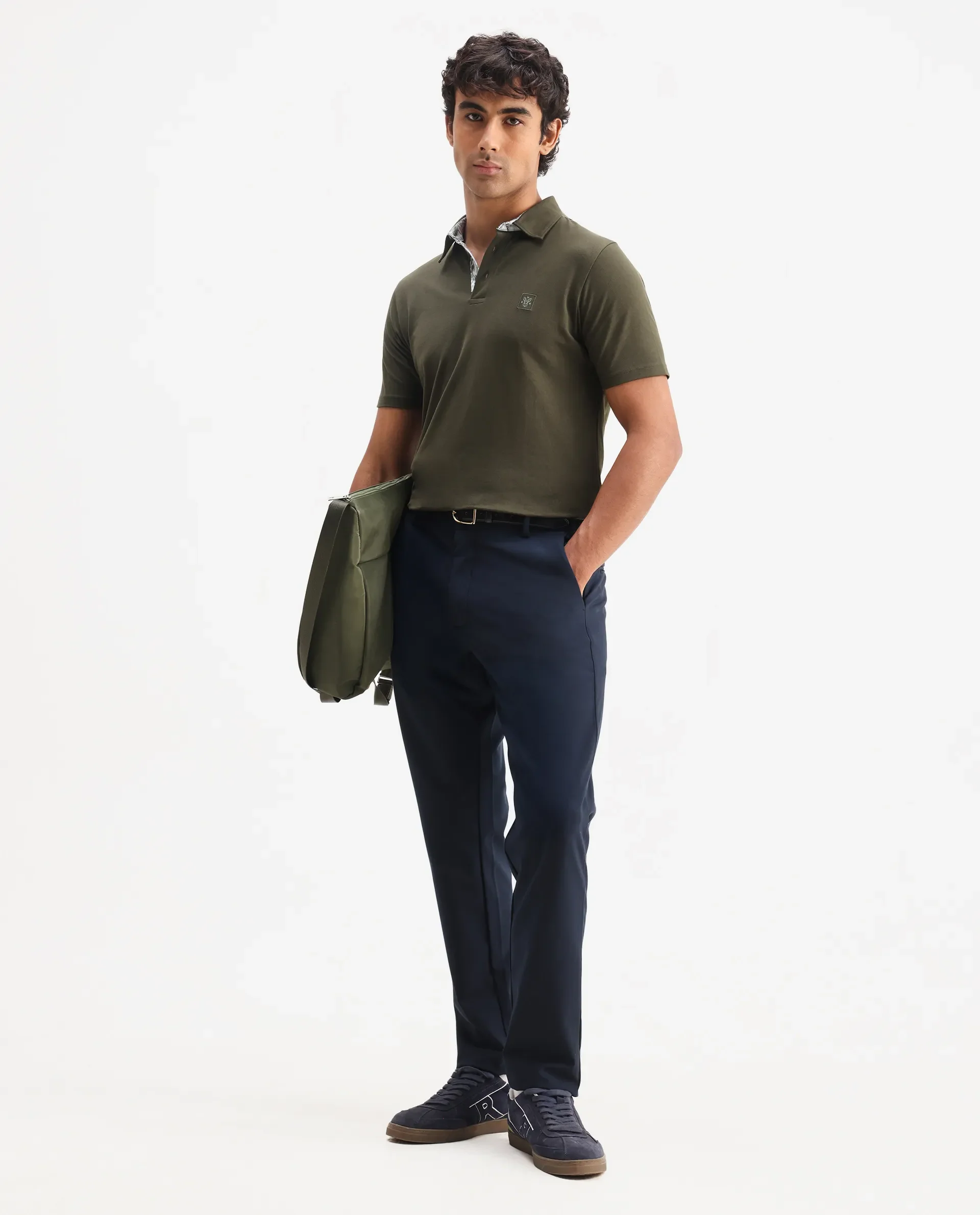 Rare Rabbit Men's Spencer Dark Olive Cotton Plain Regular Fit Half Sleeve Polo - Image 2
