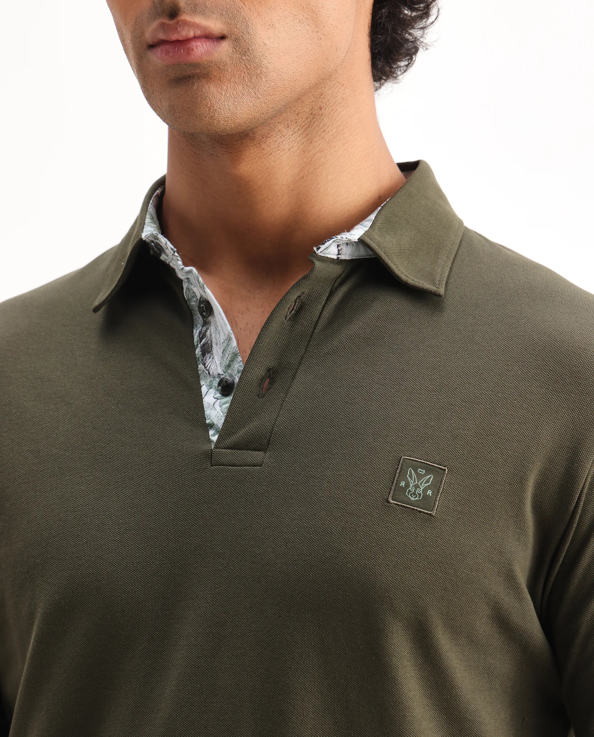 Rare Rabbit Men's Spencer Dark Olive Cotton Plain Regular Fit Half Sleeve Polo - Image 3