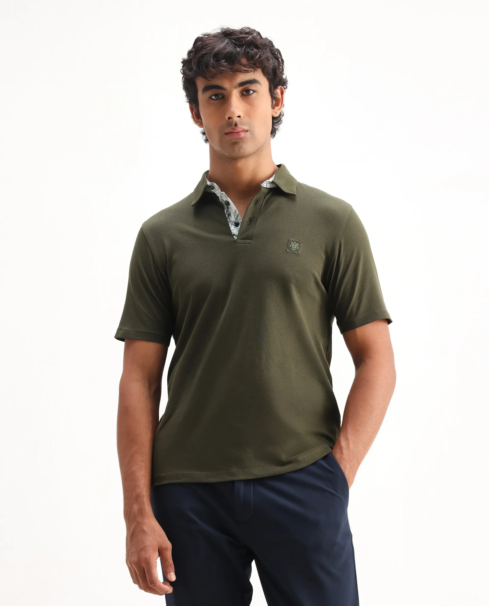 Rare Rabbit Men's Spencer Dark Olive Cotton Plain Regular Fit Half Sleeve Polo - Image 4