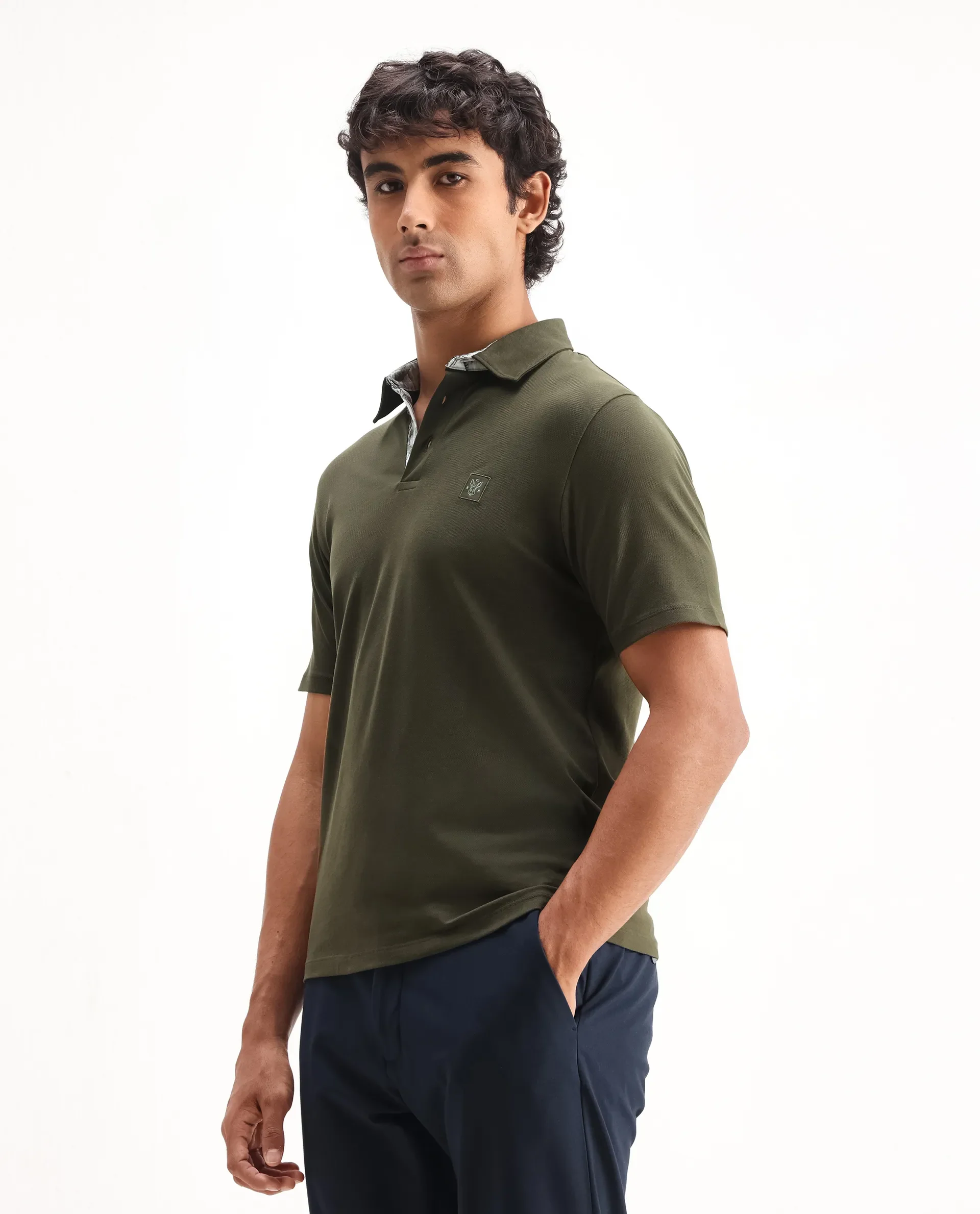 Rare Rabbit Men's Spencer Dark Olive Cotton Plain Regular Fit Half Sleeve Polo - Image 5