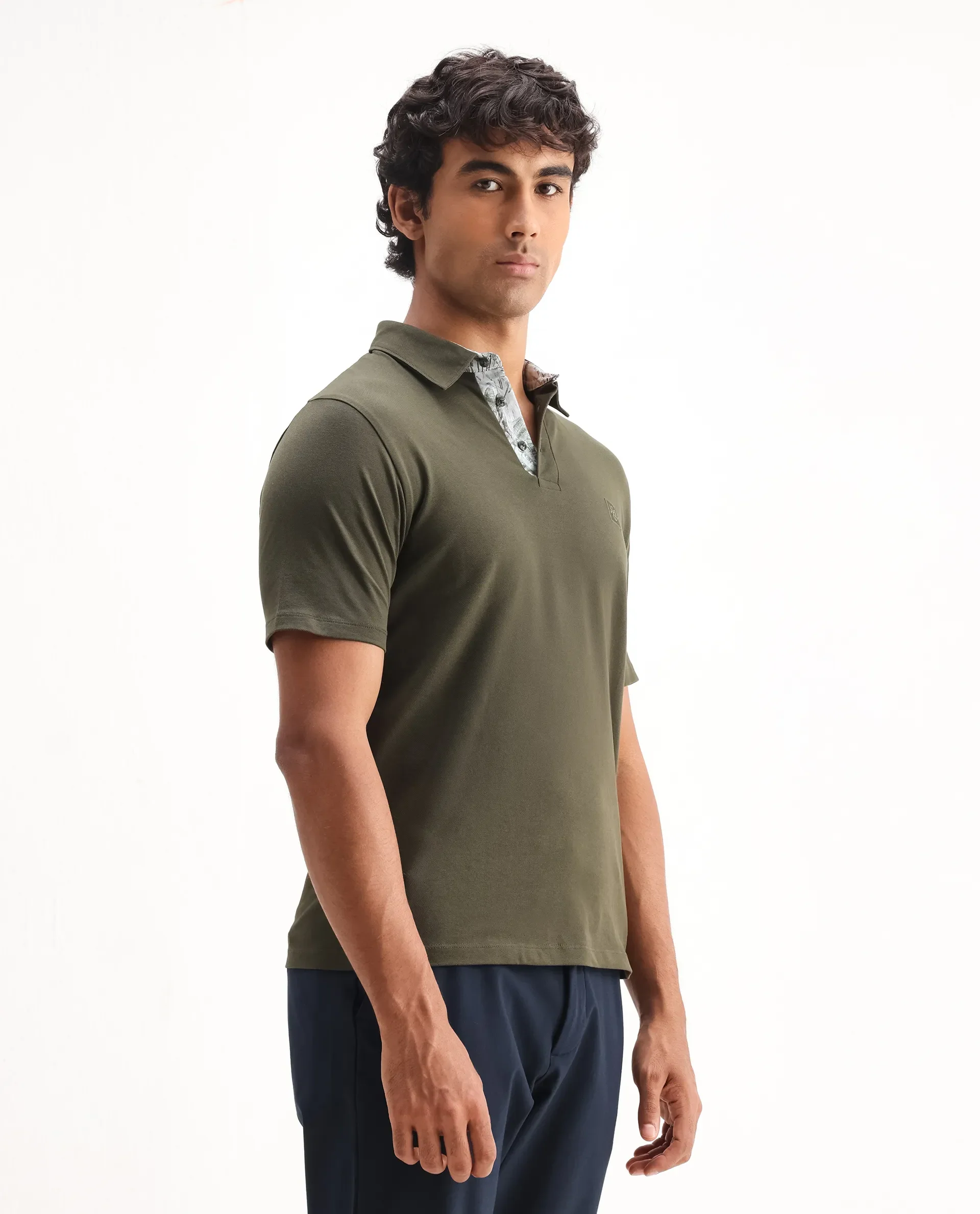 Rare Rabbit Men's Spencer Dark Olive Cotton Plain Regular Fit Half Sleeve Polo - Image 6