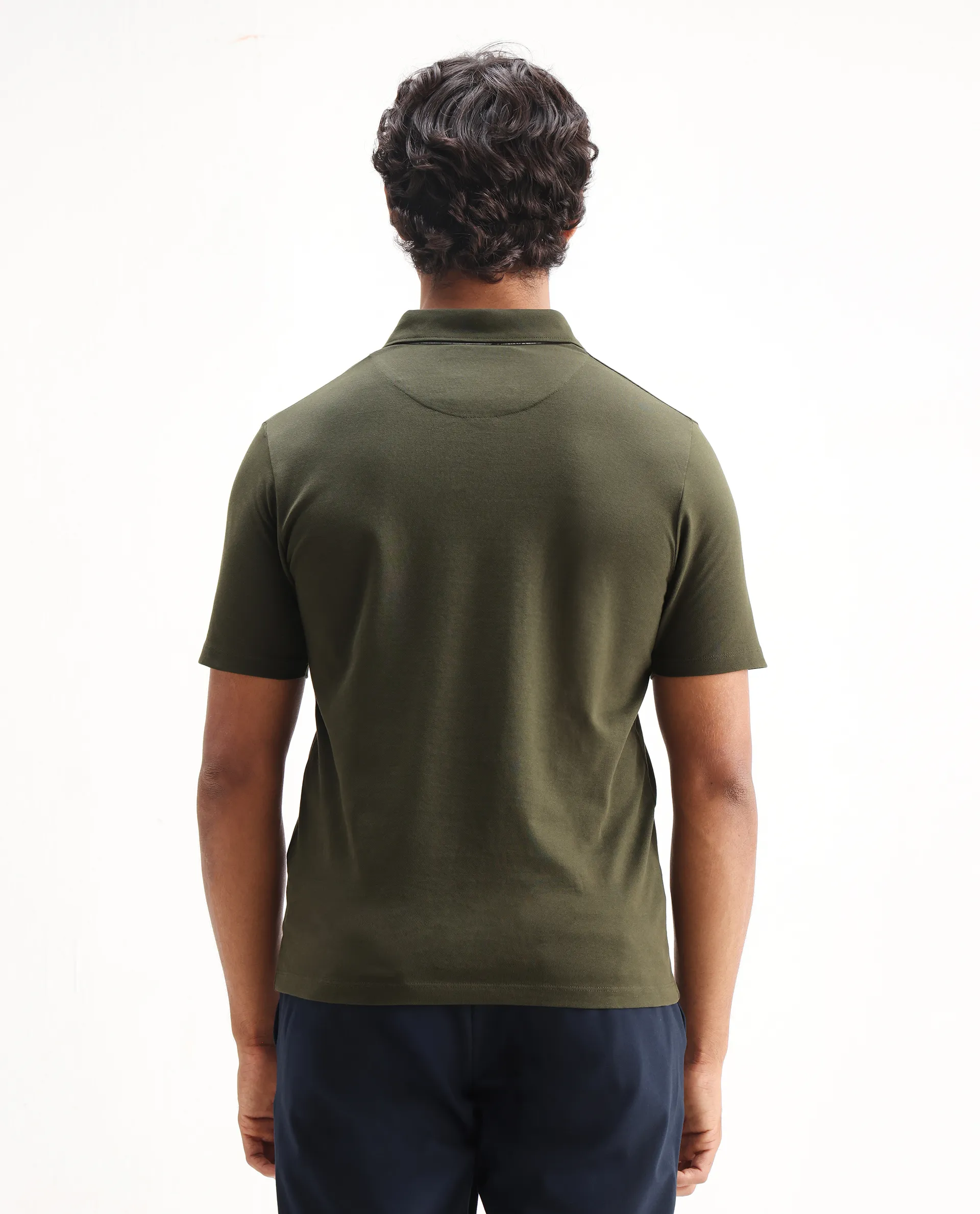 Rare Rabbit Men's Spencer Dark Olive Cotton Plain Regular Fit Half Sleeve Polo - Image 7