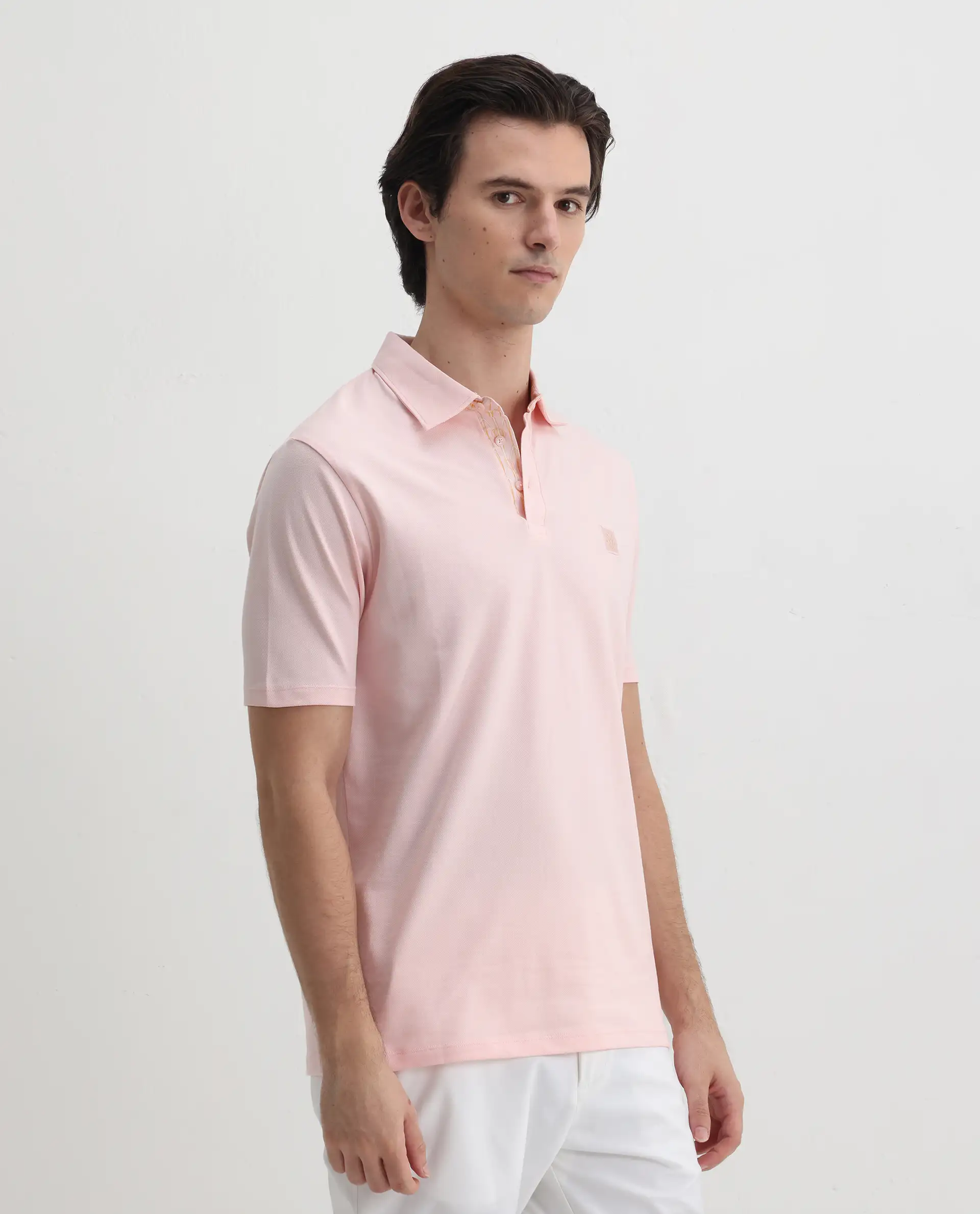 Rare Rabbit Men's Spencer Light Pink Cotton Plain Regular Fit Half Sleeve Polo - Image 5