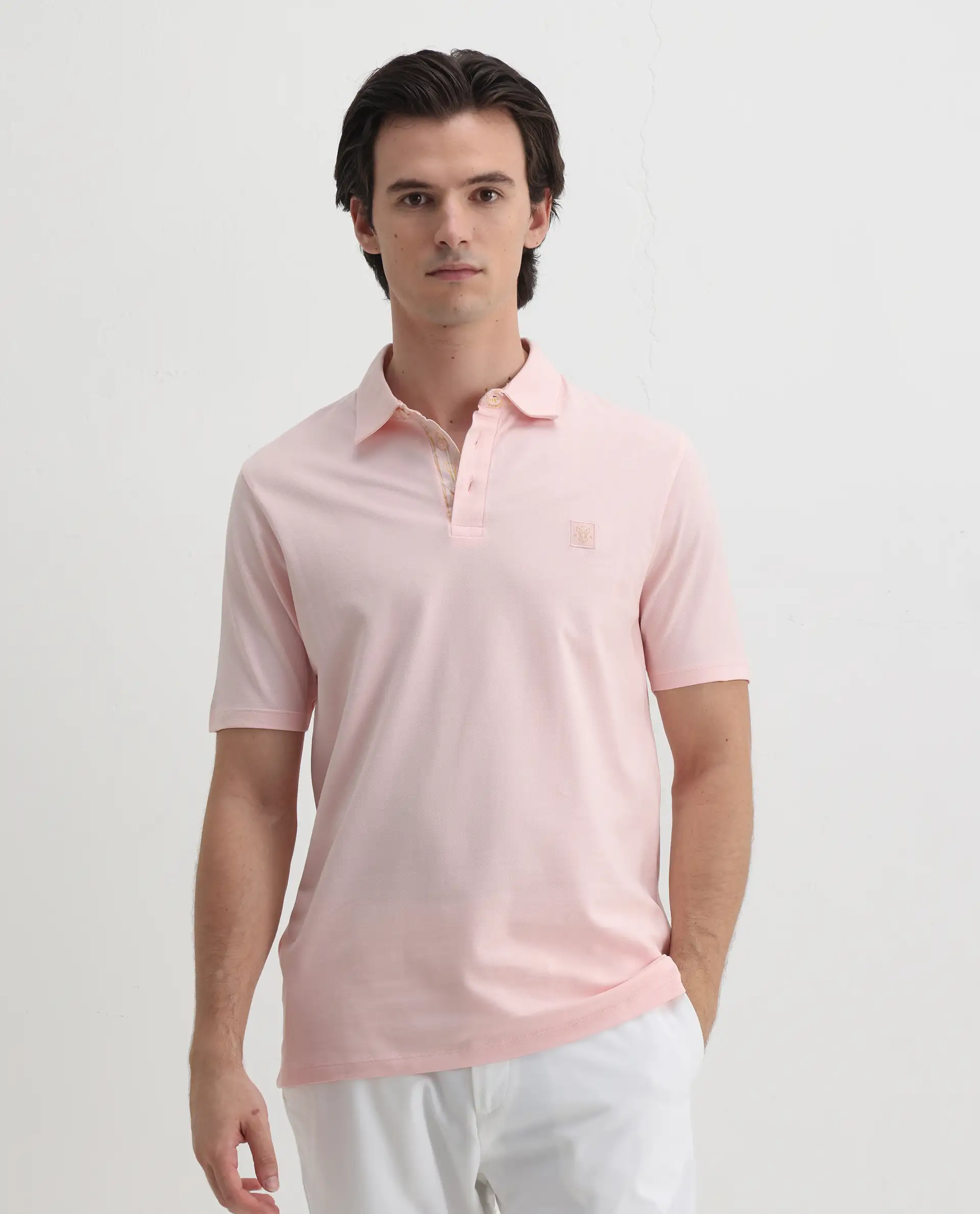Rare Rabbit Men's Spencer Light Pink Cotton Plain Regular Fit Half Sleeve Polo - Image 7