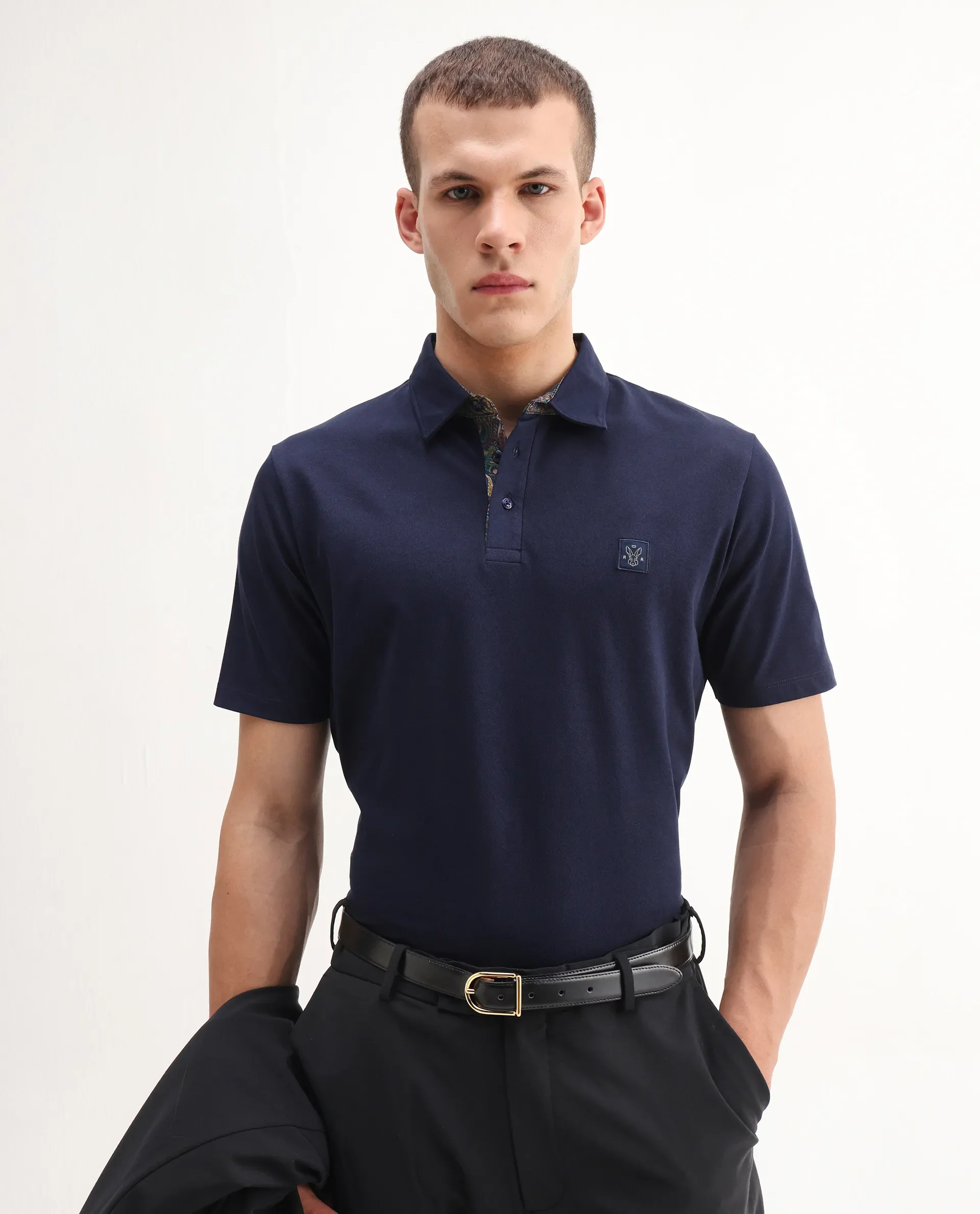 Rare Rabbit Men's Spencer Navy Cotton Plain Regular Fit Half Sleeve Polo