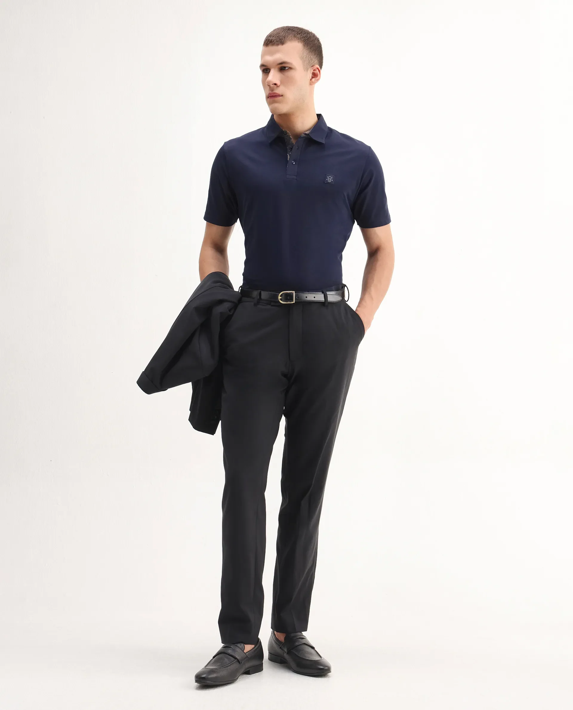 Rare Rabbit Men's Spencer Navy Cotton Plain Regular Fit Half Sleeve Polo - Image 2