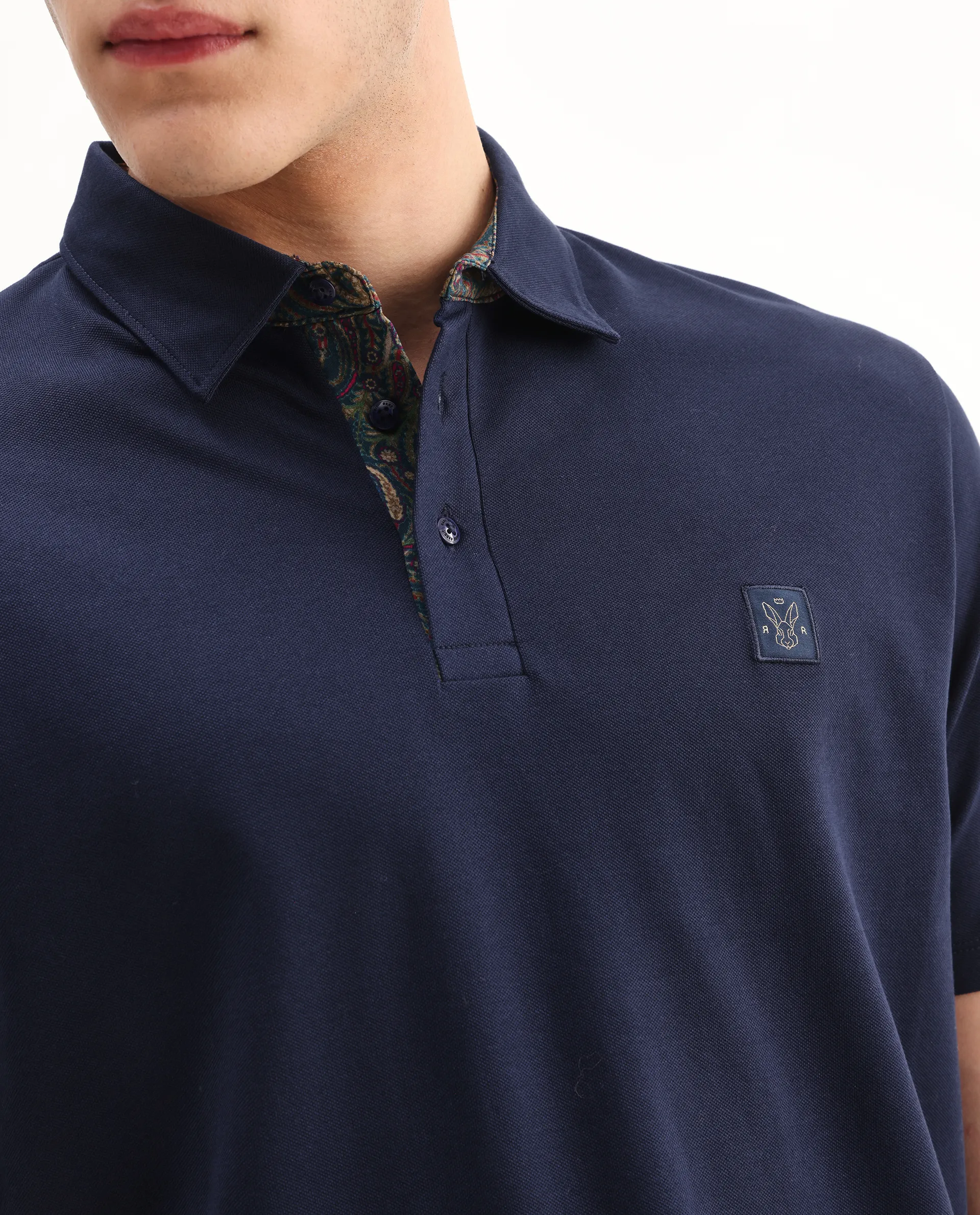 Rare Rabbit Men's Spencer Navy Cotton Plain Regular Fit Half Sleeve Polo - Image 3
