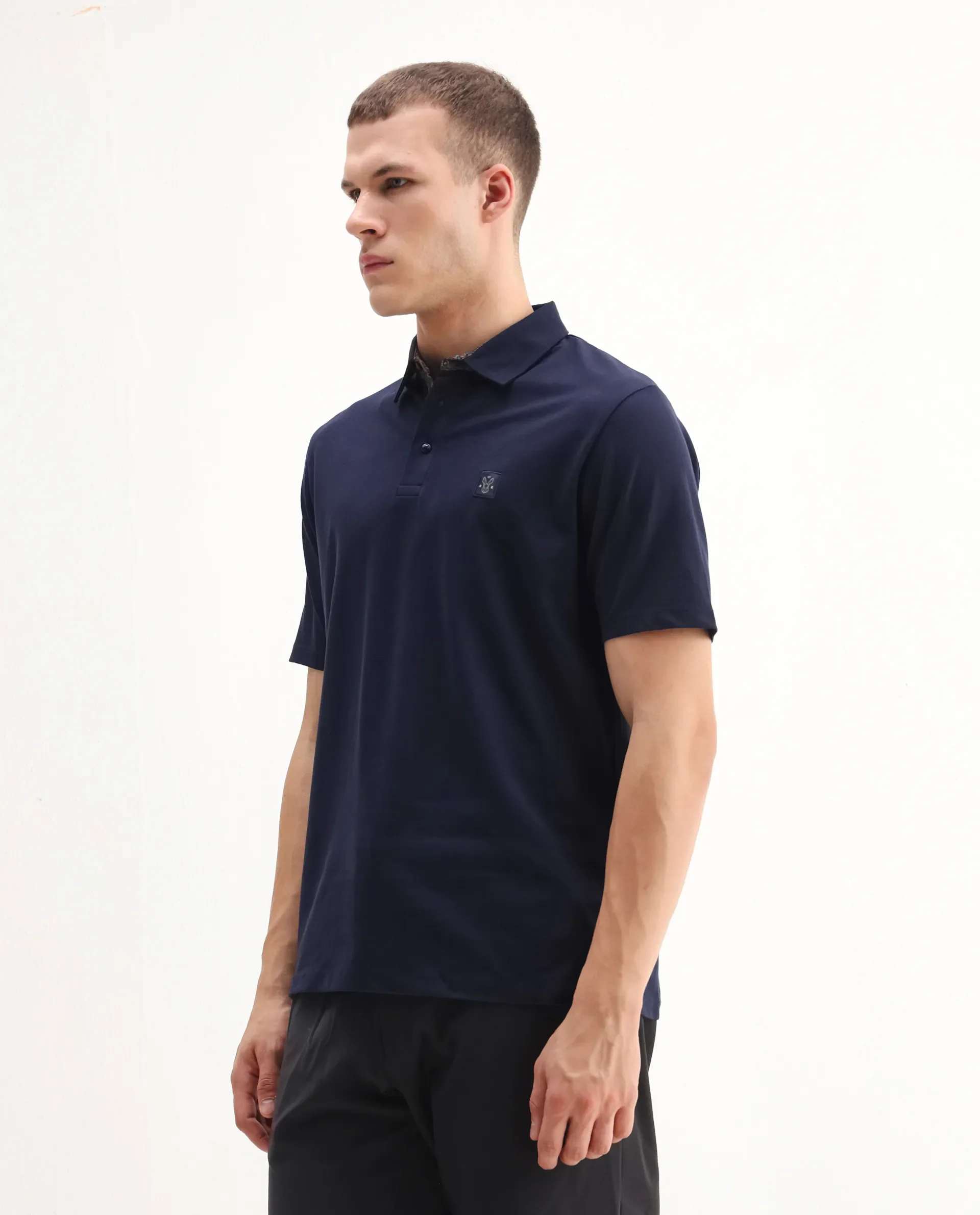 Rare Rabbit Men's Spencer Navy Cotton Plain Regular Fit Half Sleeve Polo - Image 4
