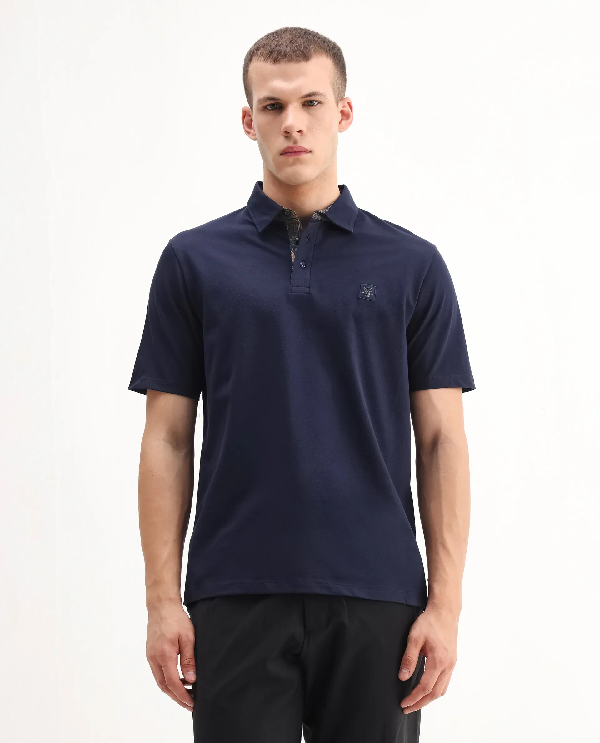 Rare Rabbit Men's Spencer Navy Cotton Plain Regular Fit Half Sleeve Polo - Image 5