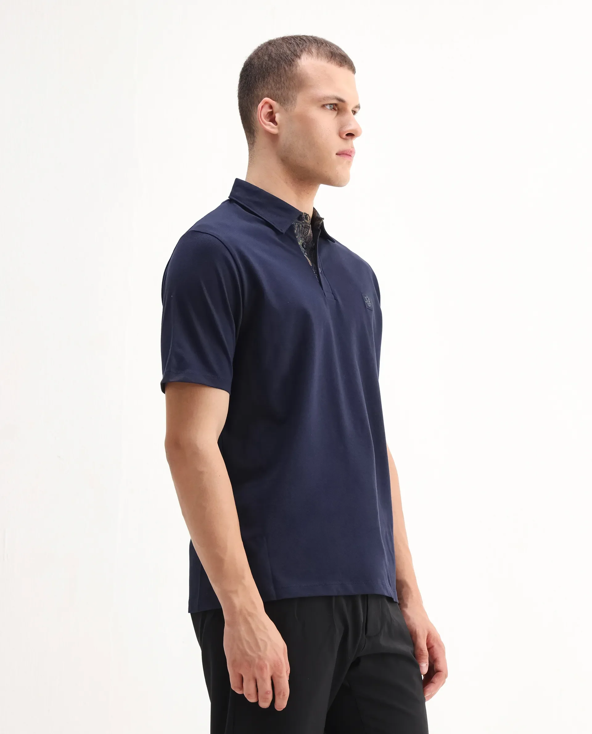 Rare Rabbit Men's Spencer Navy Cotton Plain Regular Fit Half Sleeve Polo - Image 6