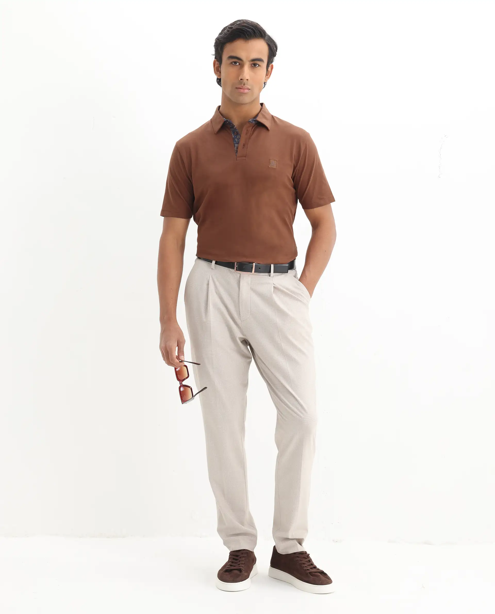 Rare Rabbit Men's Spencer Rust Cotton Plain Regular Fit Half Sleeve Polo - Image 2