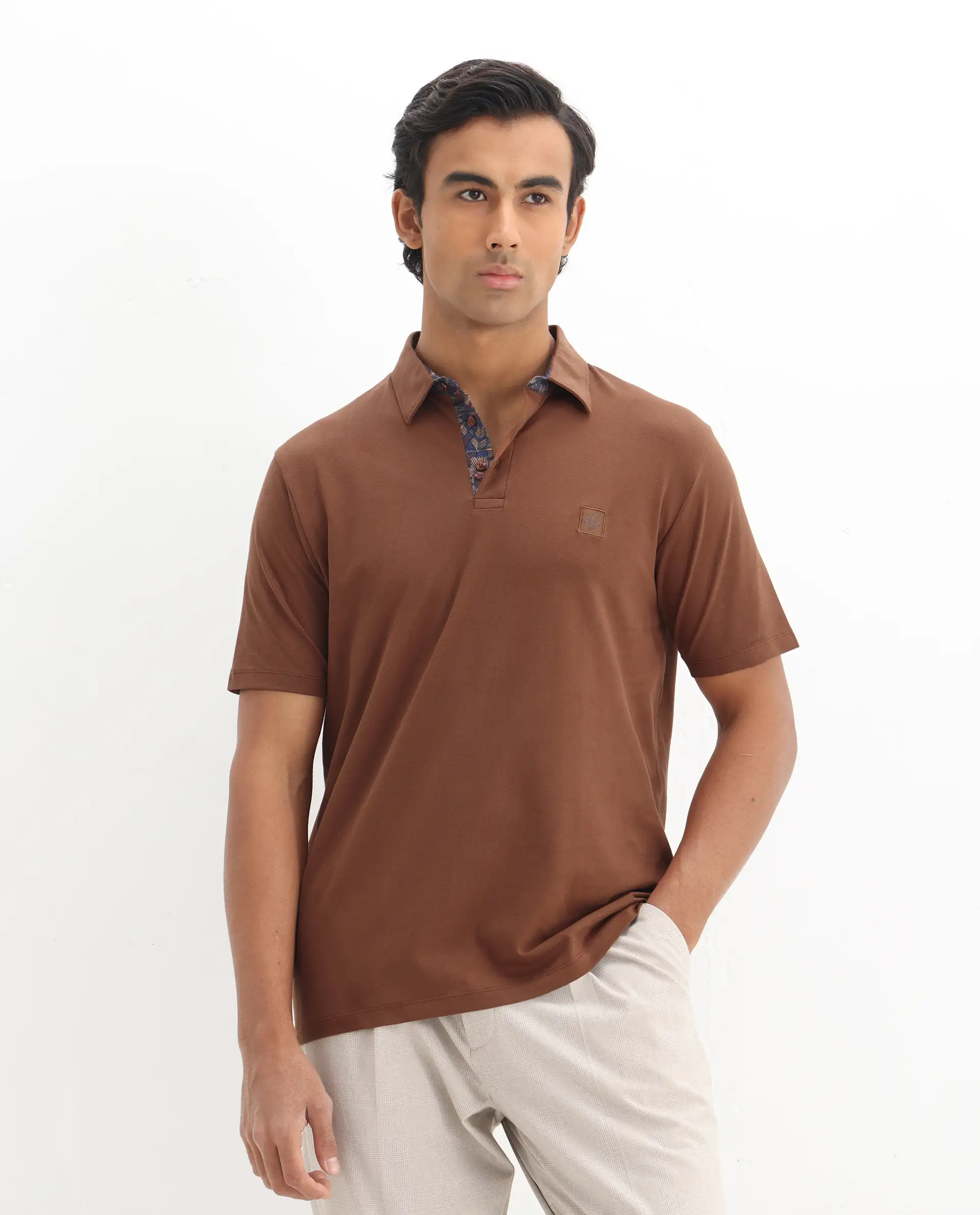 Rare Rabbit Men's Spencer Rust Cotton Plain Regular Fit Half Sleeve Polo - Image 4