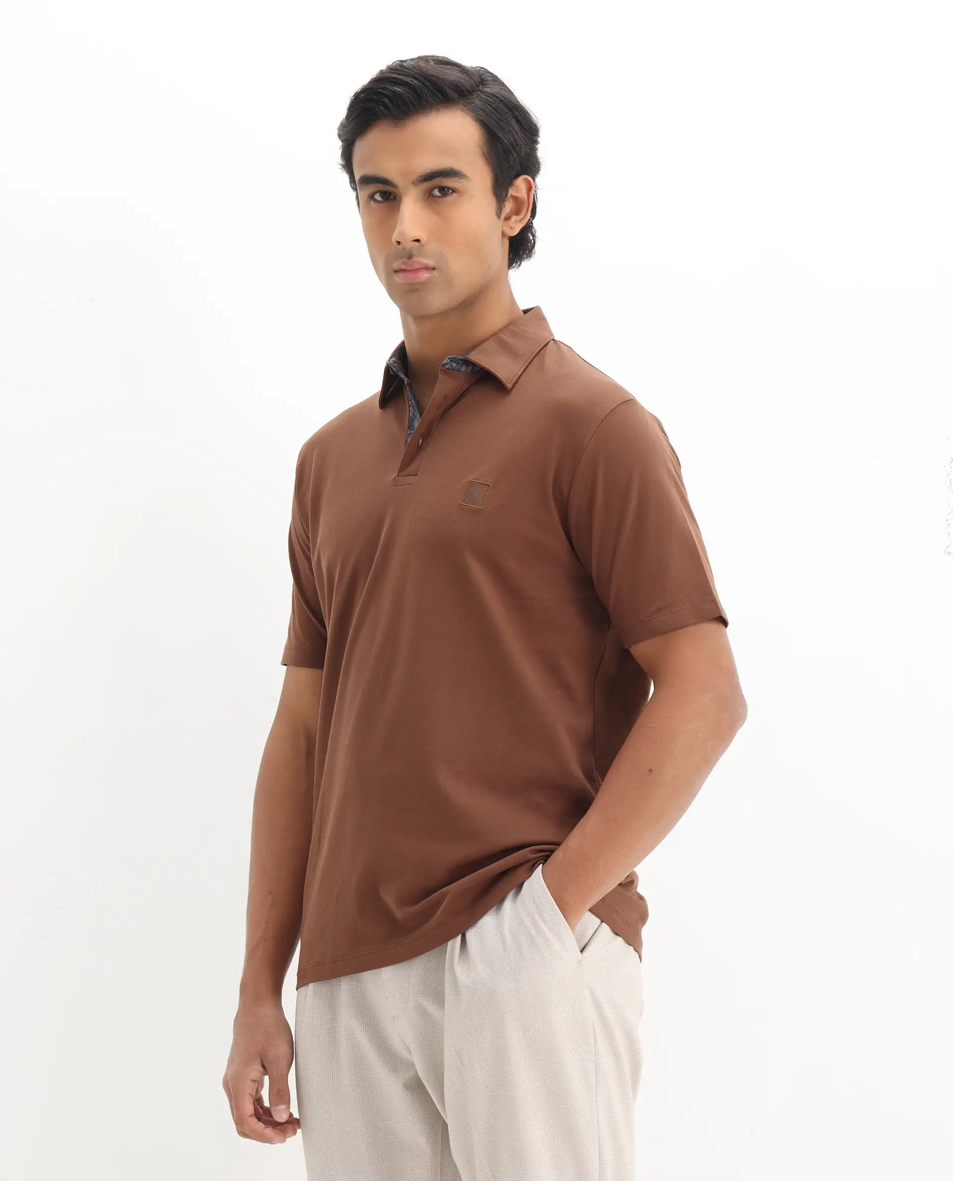Rare Rabbit Men's Spencer Rust Cotton Plain Regular Fit Half Sleeve Polo - Image 5