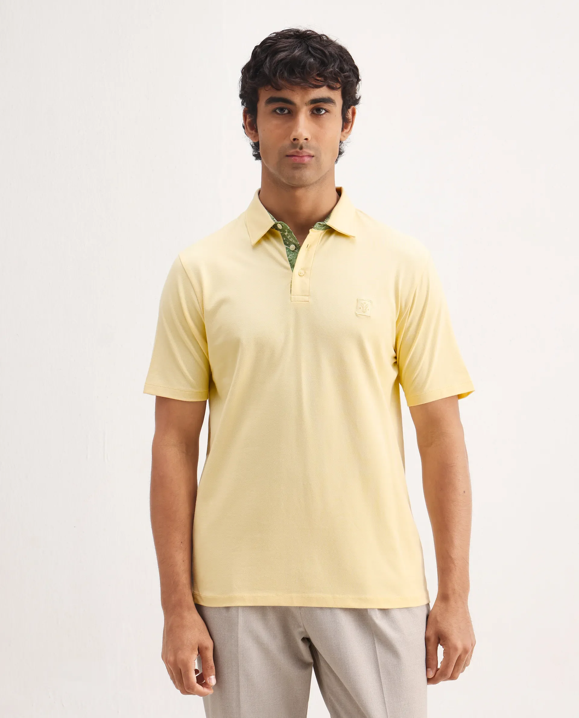 Rare Rabbit Men's Spencer Yellow Cotton Plain Regular Fit Half Sleeve Polo - Image 4